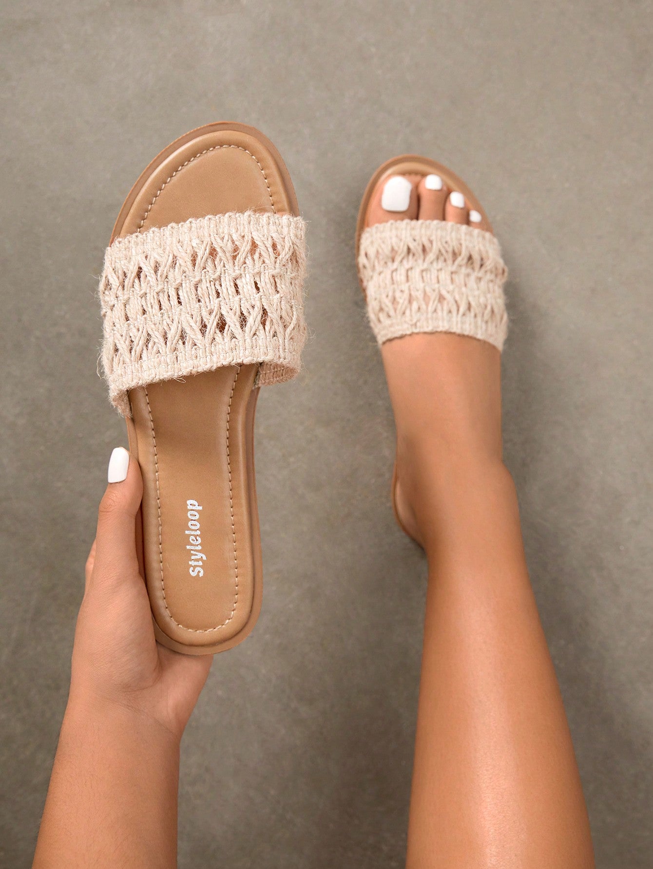 Styleloop Woman Shoes Braided Detail Single Band Open Toe Comfortable Vacation Summer Outdoor Beige Fabric Flat Sandals For Summer Vacation Shoes Summer Sale  Back To School Shoes College Student Shoes Boho Feels Vintage Cottagecore Frenchy Shoes Hallowee