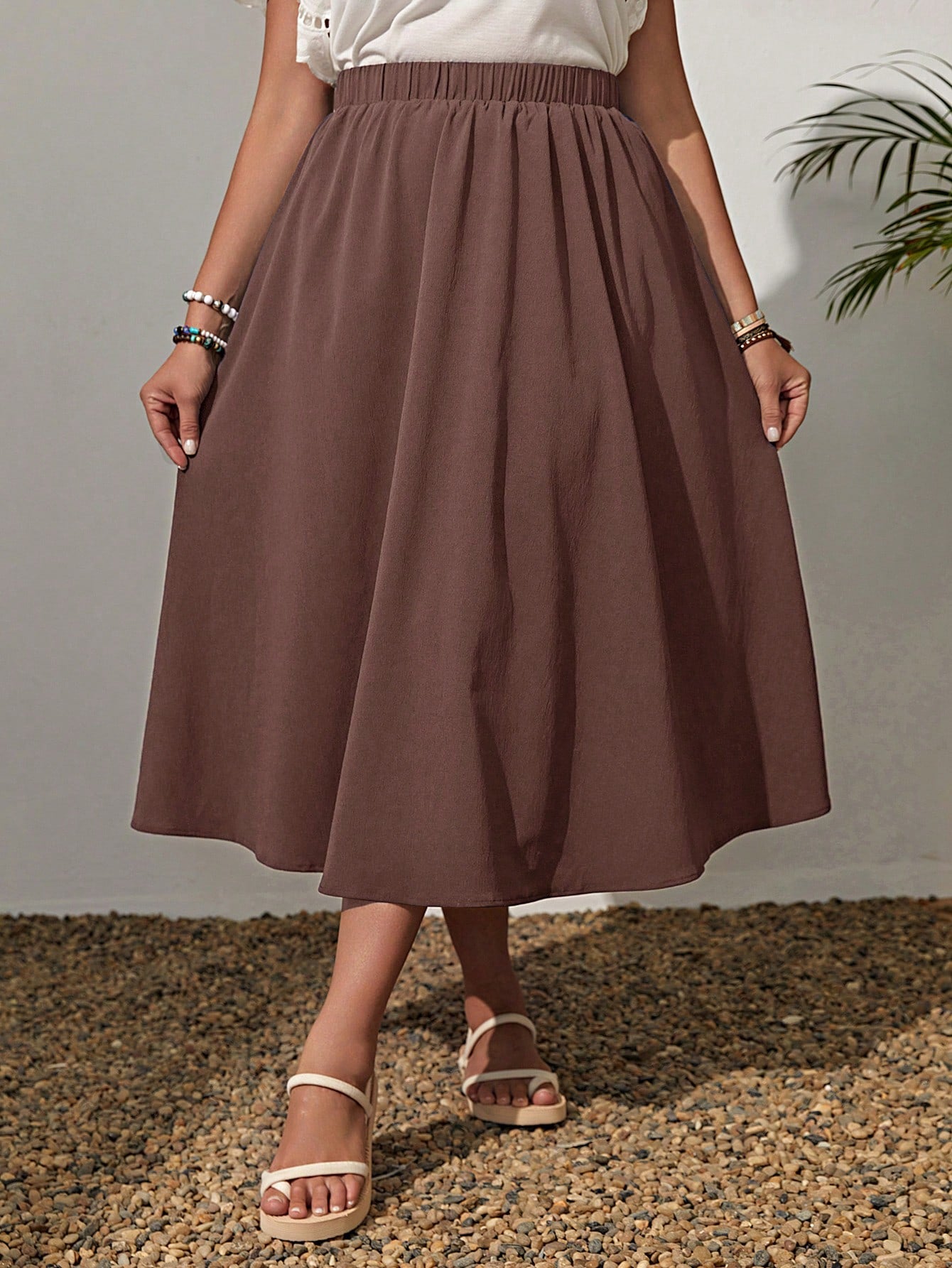 Plus Size Solid Color Elastic Waist Swing Loose Summer Fashion All-Match Skirt