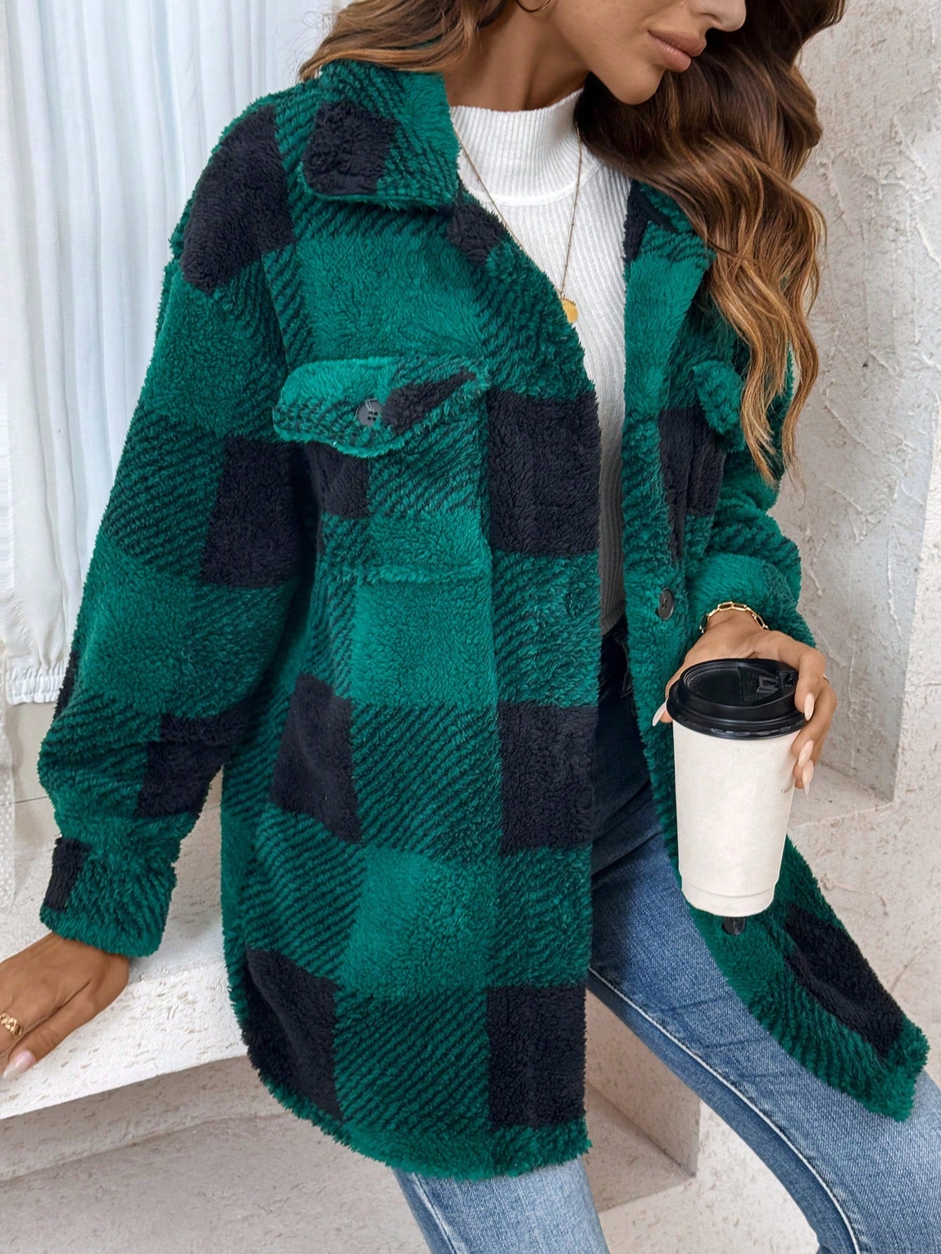 Women's Plaid Soft Fur Regular Fit Coat