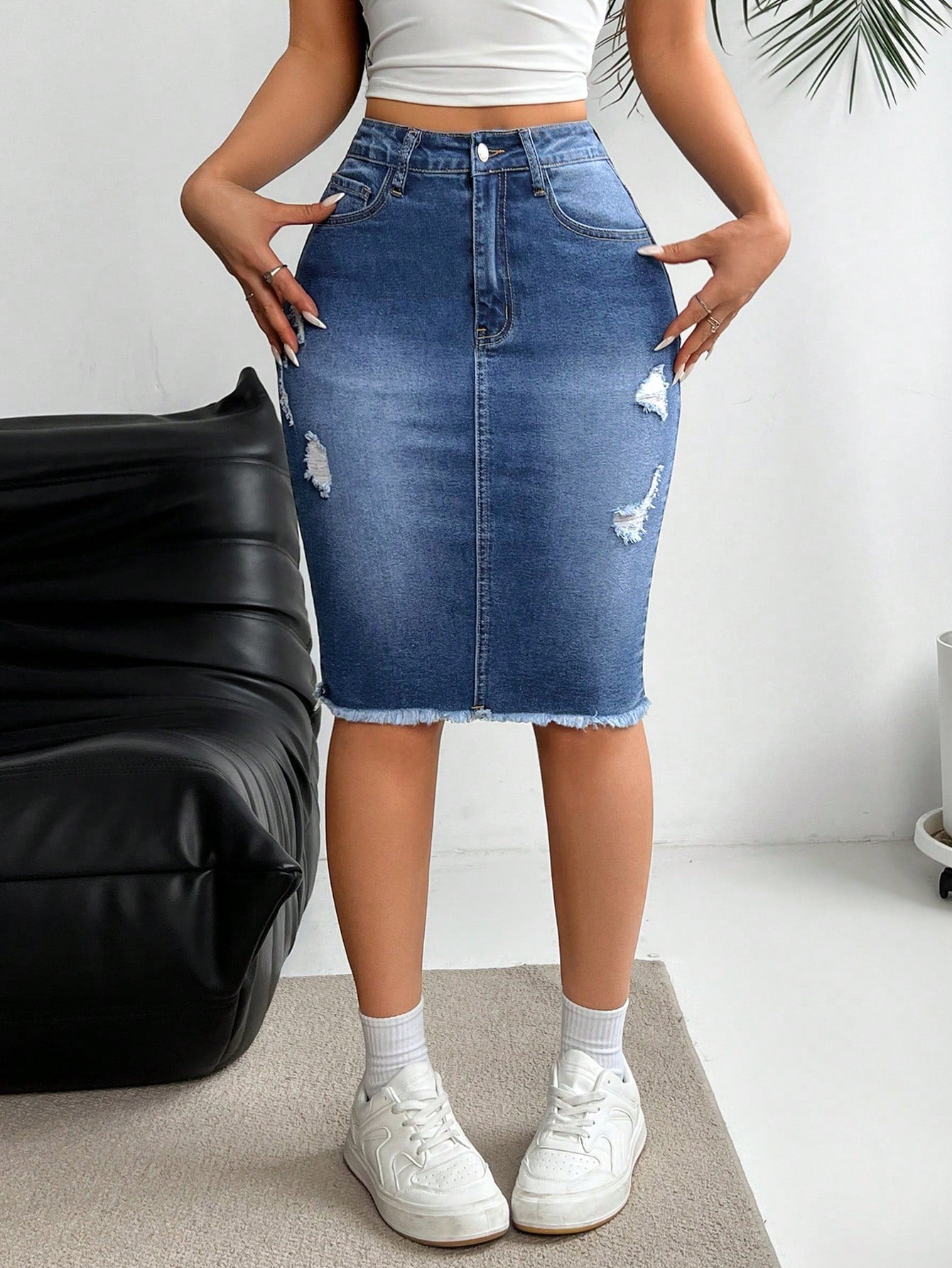 Summer Casual Distressed Frayed Hem Slim Fit Denim Skirt