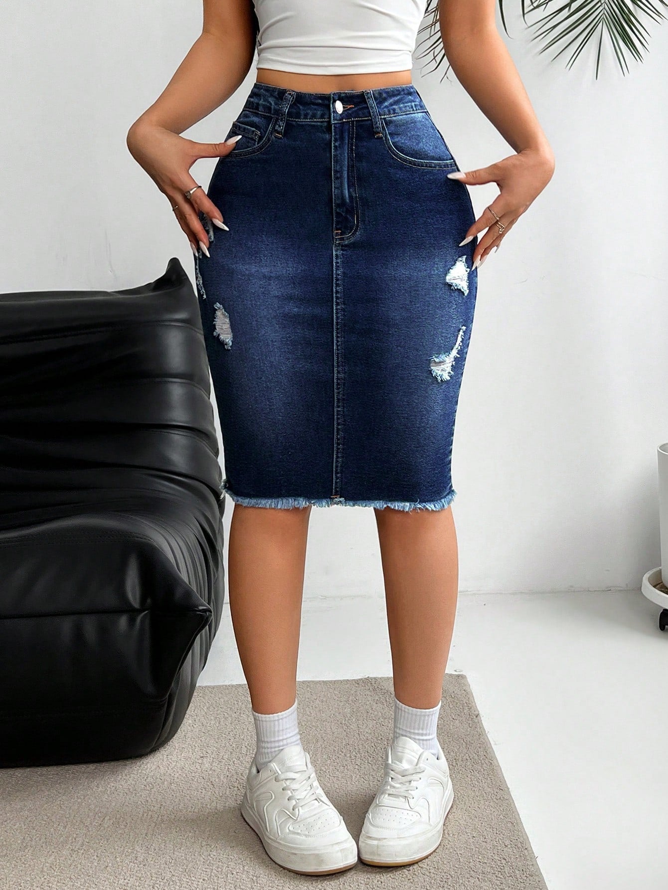 Summer Casual Distressed Frayed Hem Slim Fit Denim Skirt