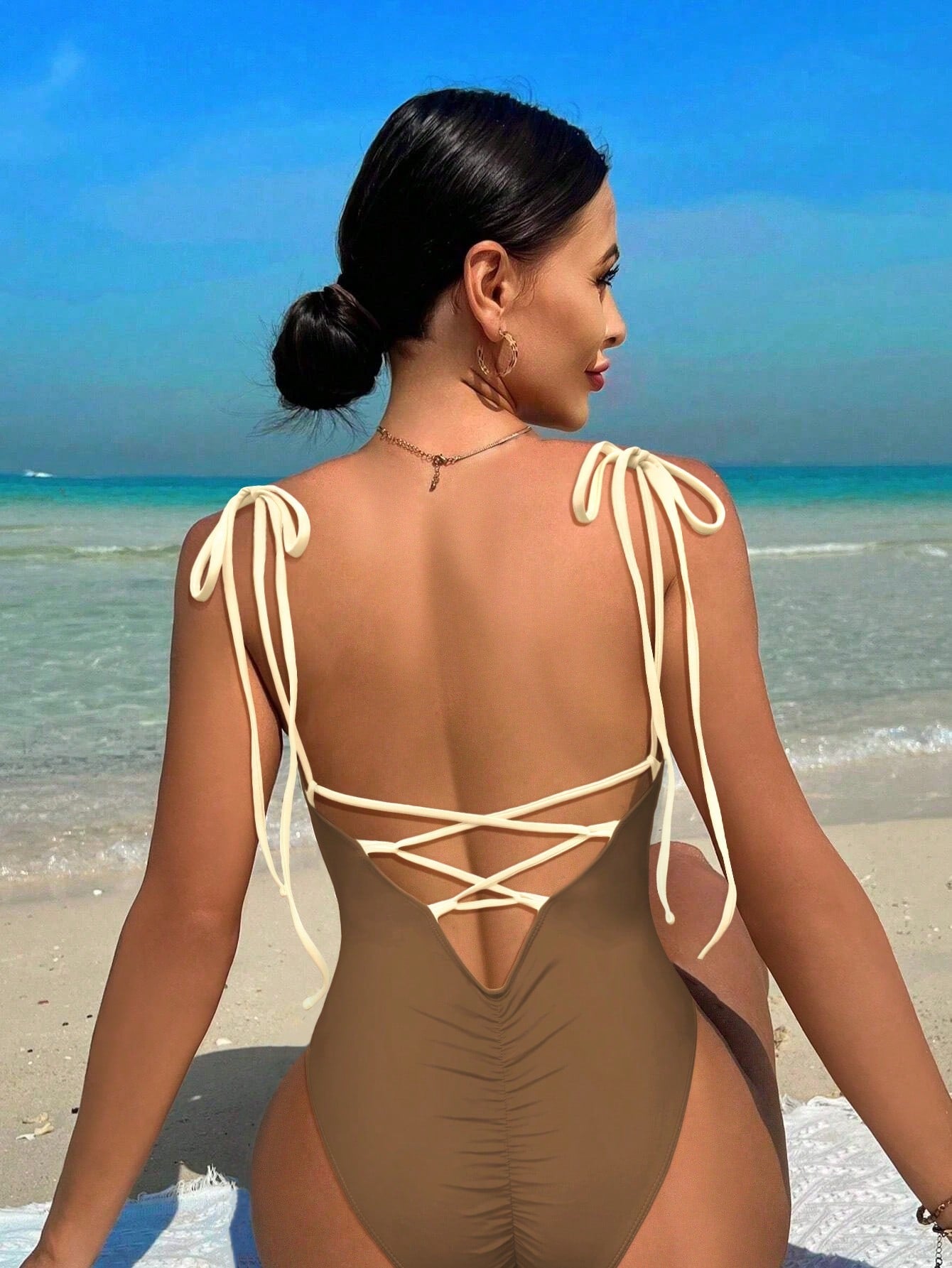 Swim Summer Beach Women's Solid Color Backless One-Piece Swimsuit