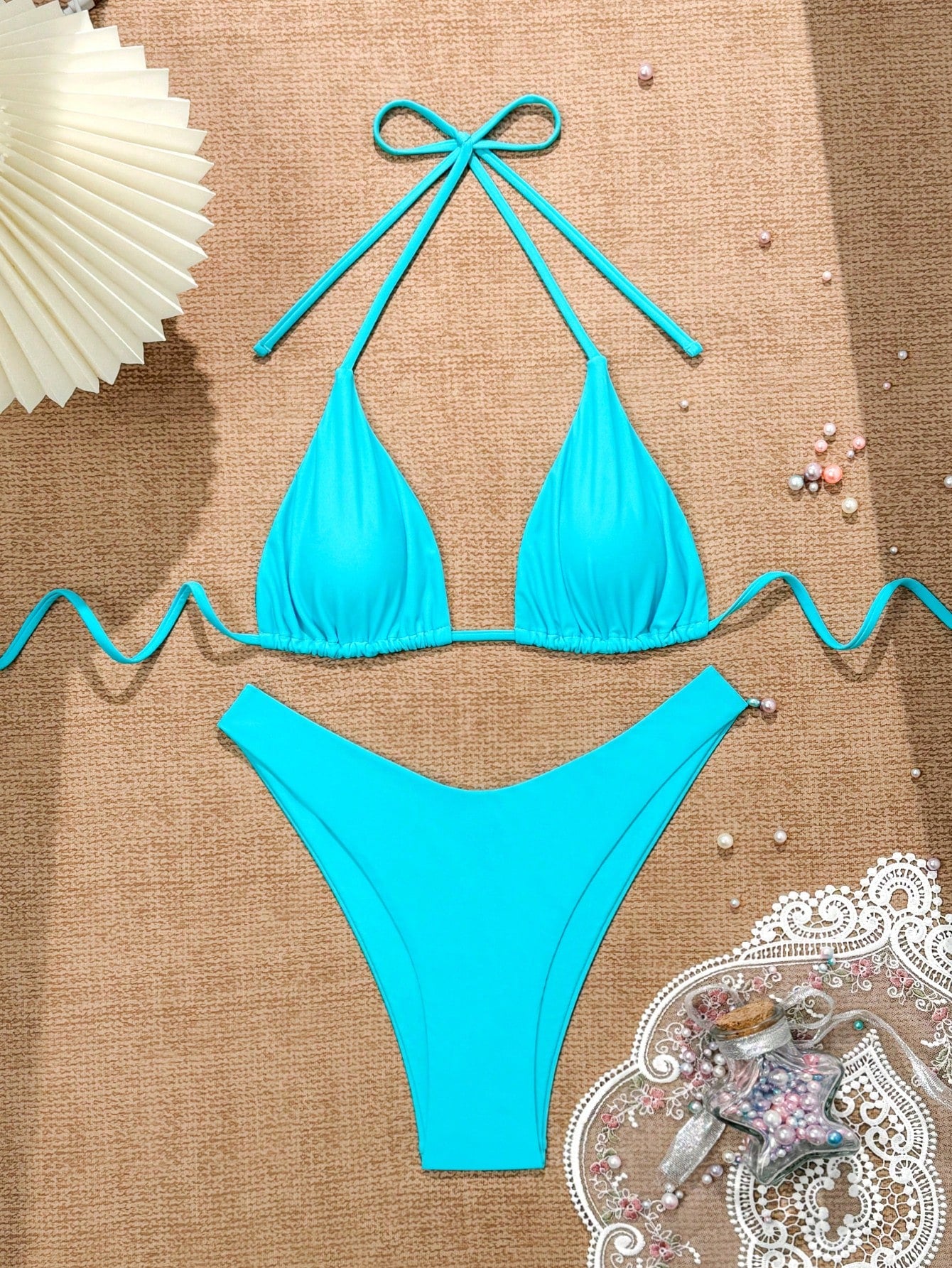 Swim Women's Solid Color Halter Neck Tie Sexy Bikini Set For Summer Beach