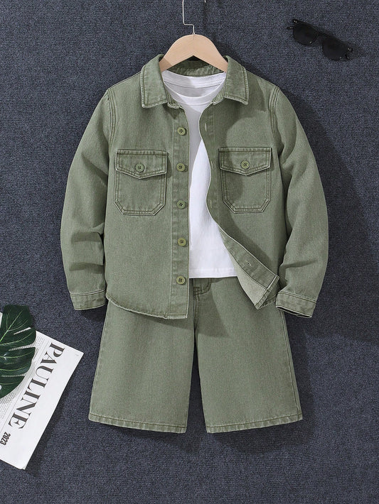 KIDS Casual Street Style Denim Shirt Jacket With Large Pockets & All-Match Elastic Waistband Bermuda Shorts Set, Perfect Everyday Fashion Outfit