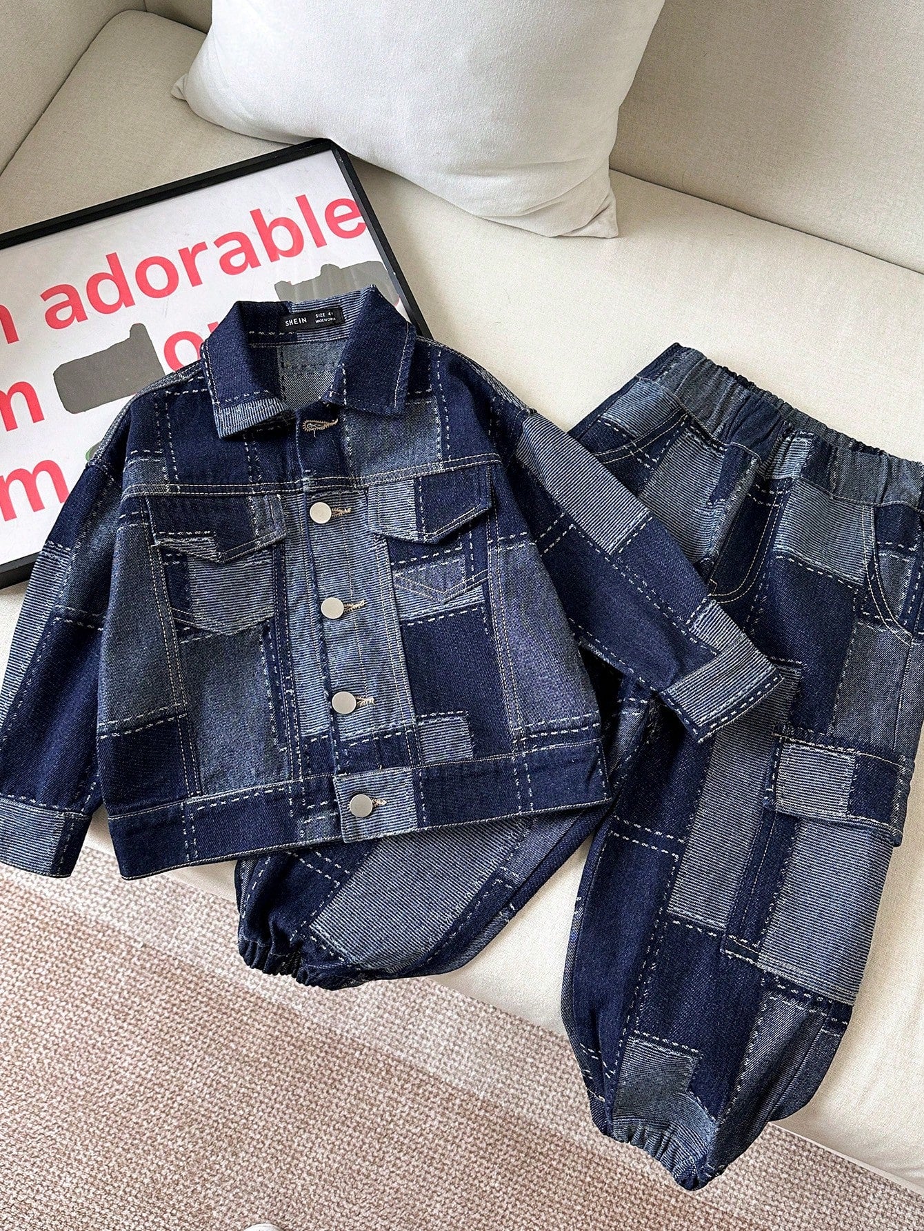 URBAN STREET CASUAL YOUNG BOY BUTTON FASTENING FLAT POCKETS LONG SLEEVES SHIRT & BAGGY JEANS TWO PIECE SET, AUTUMN WINTER DAILY ITEM