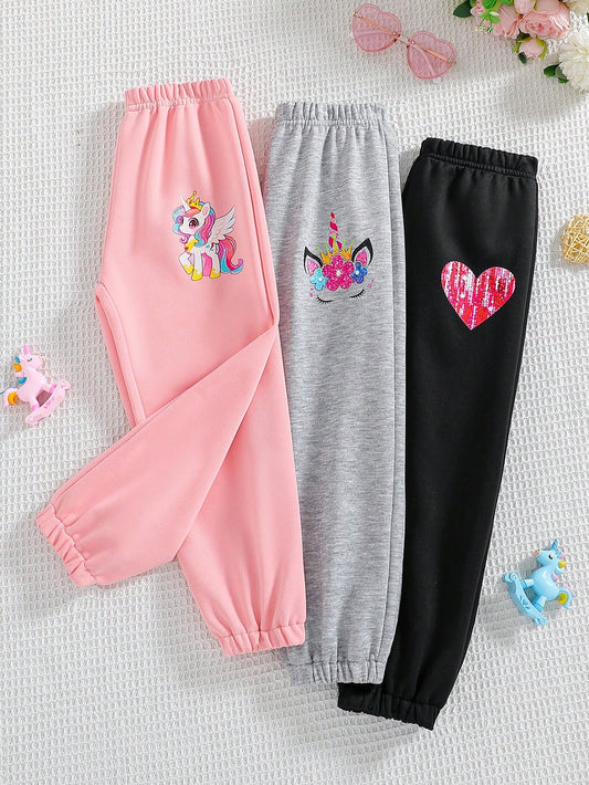 3pcs/Set Young Girls Casual Solid Color Sports Pants With Drawstring Waist, Loose Fit Unicorn Printed Sweatpants, Spring Autumn