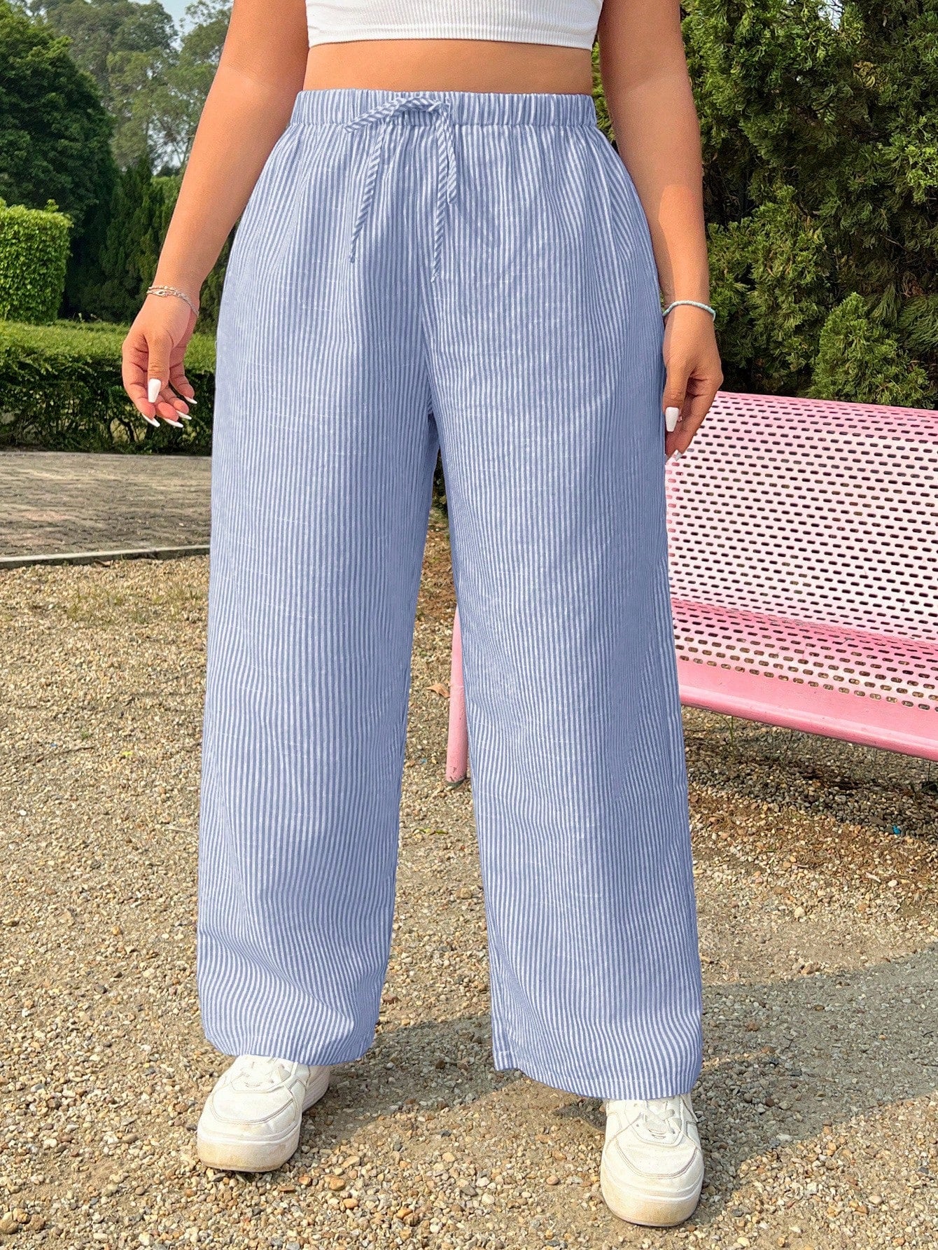 Plus Size Casual Loose Plaid Elastic Waist Wide-Leg Pants