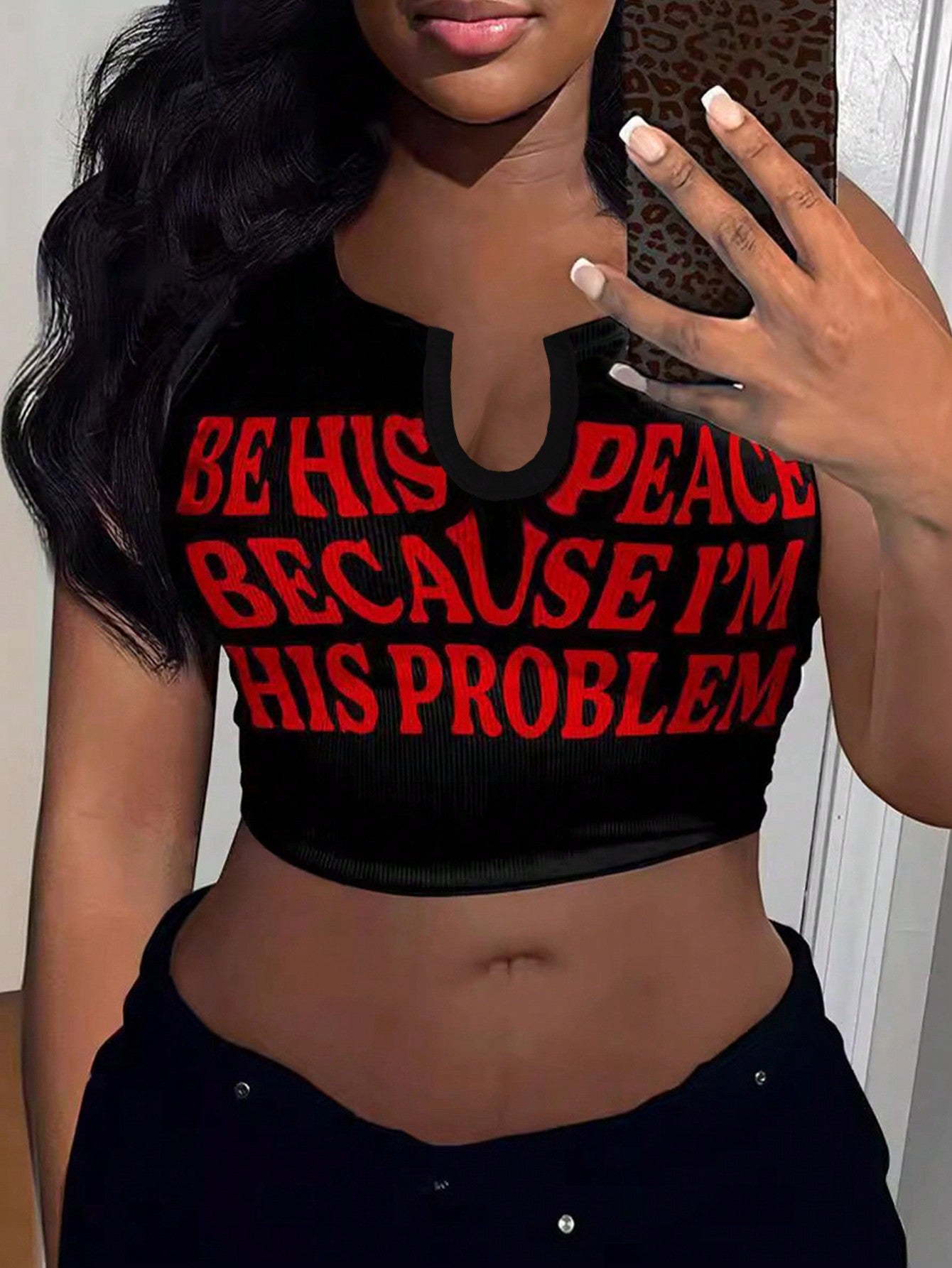 Slim Fit Crop Top With Notch Neckline And Letter Print BE HIS PEACE BECAUSE I'M HIS PROBLEM