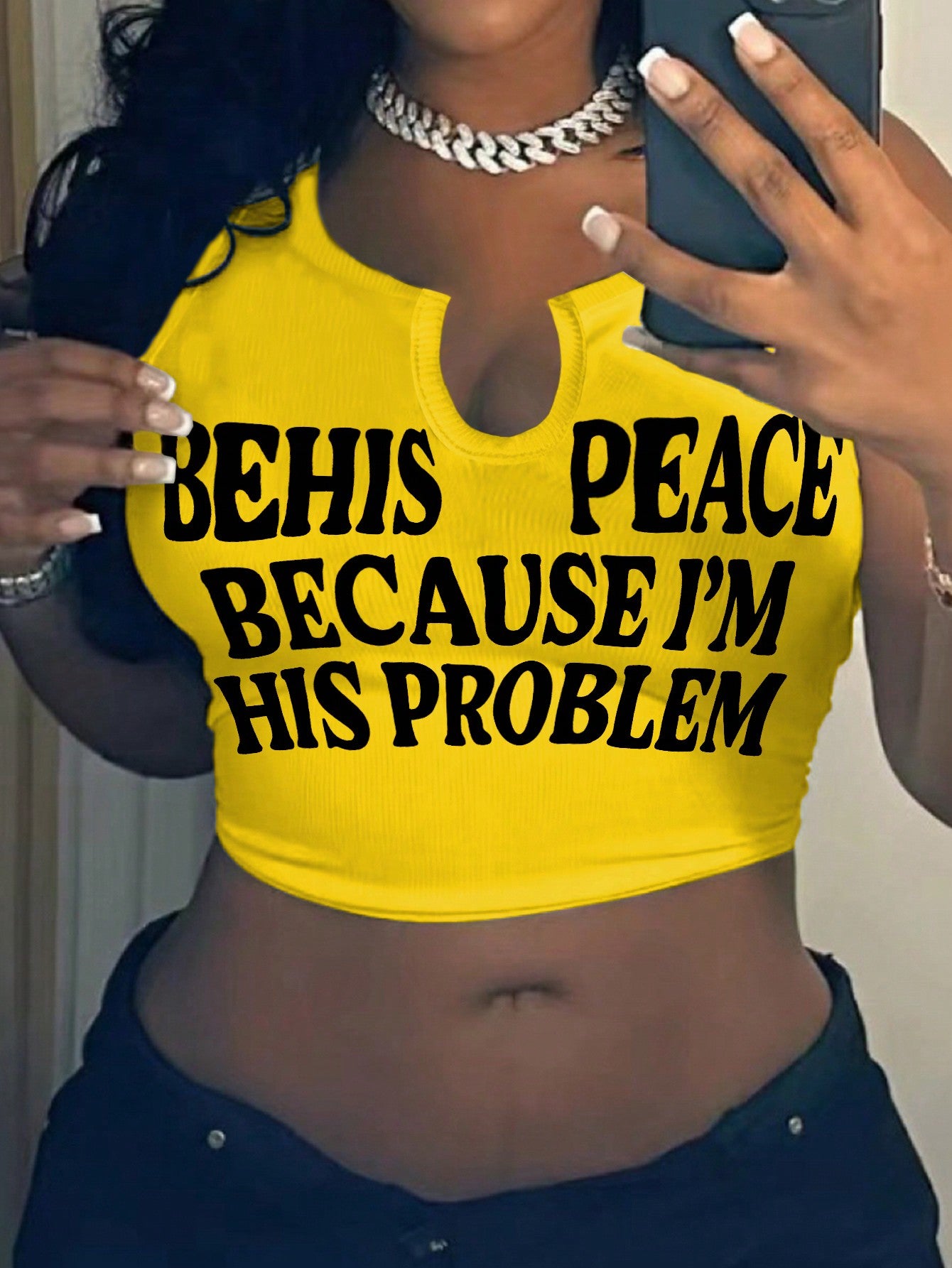 Slim Fit Crop Top With Notch Neckline And Letter Print BE HIS PEACE BECAUSE I'M HIS PROBLEM