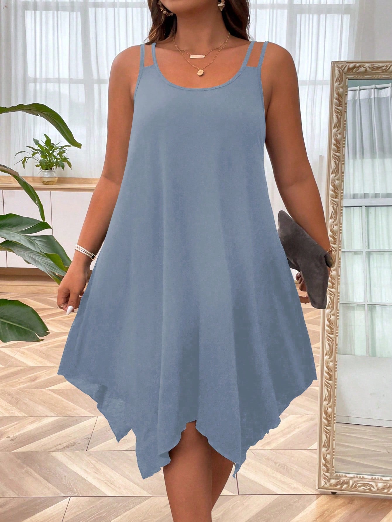 Plus Solid Asymmetrical Hem Cami Dress