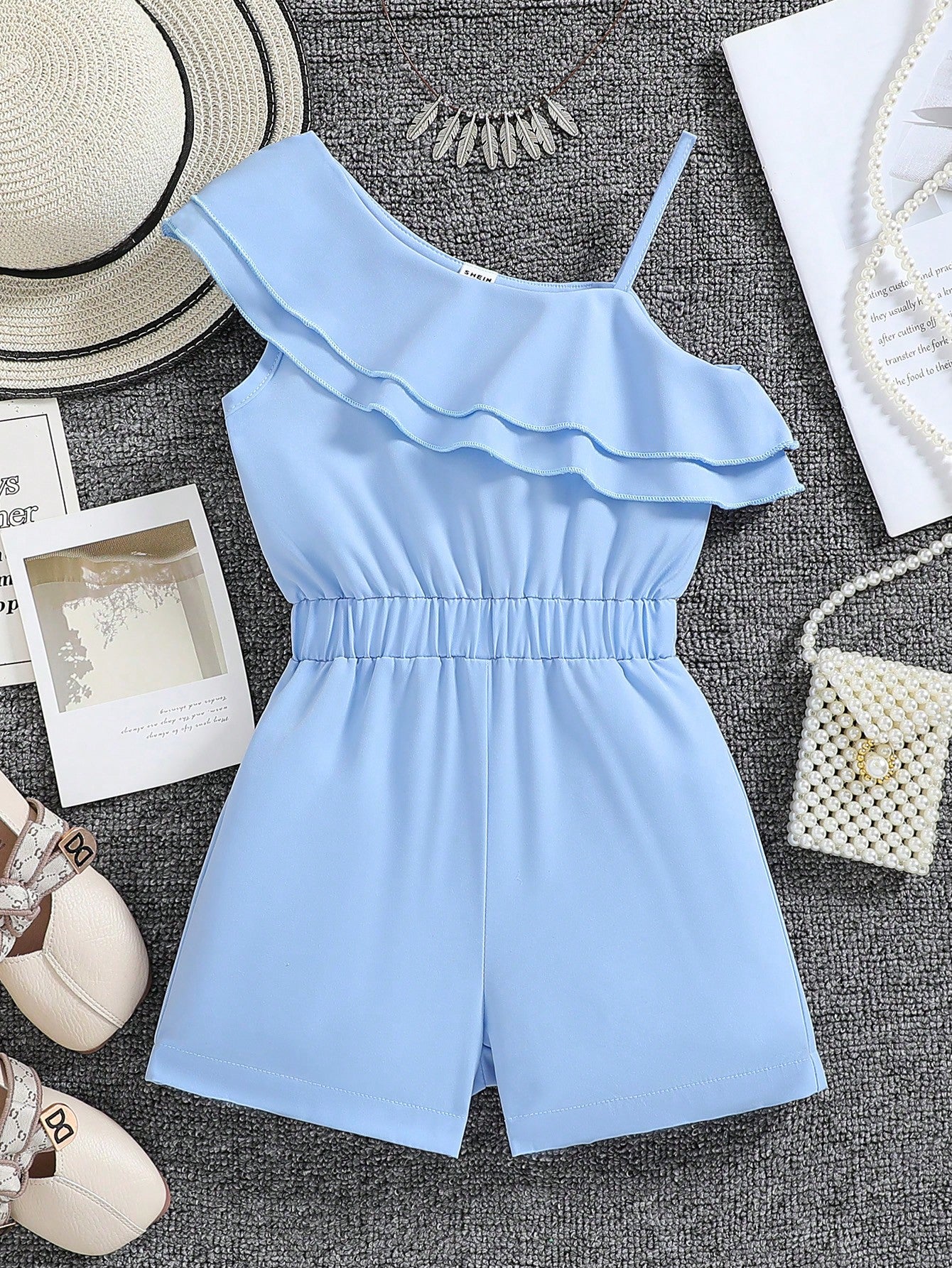 Young Girl Ruffle Trim Asymmetrical Neck Romper