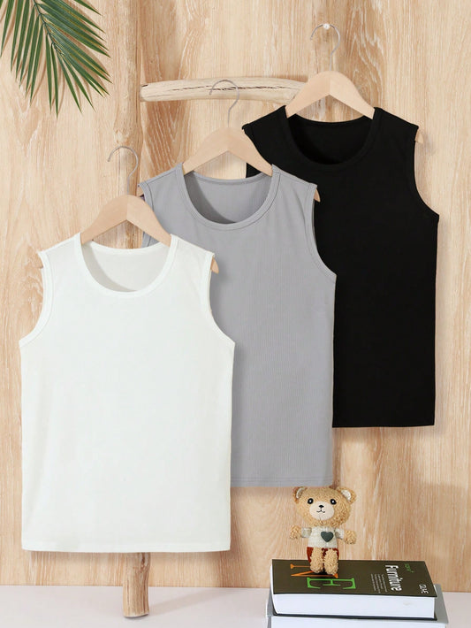 Tween Boy 3pcs Sporty Comfortable Daily Wear Basic Tank Tops, Summer, Suitable For Outdoors