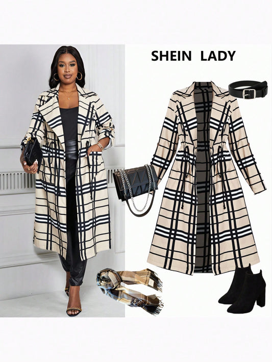 Lady Plus Size Women's Classic Elegant Commuter Plaid Notched Collar Checked Mid-Sleeve Mid-Length Overcoat In Apricot & Black Plaid Women Coats Going Out Outfits