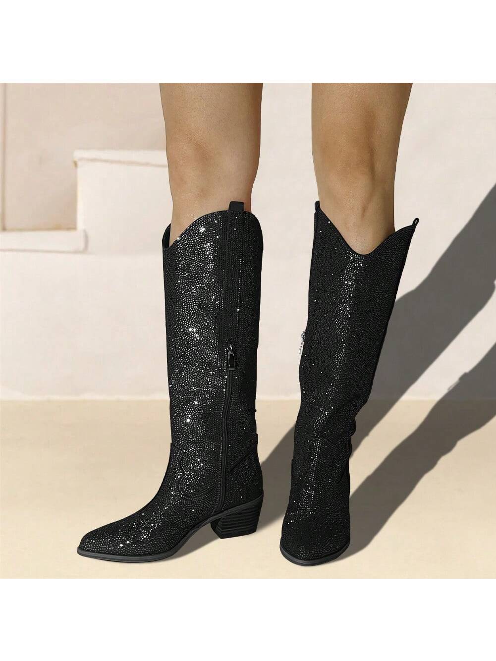 Rhinestone Western Cowboy Boots For Women Sparkly Cowgirl Boots Wide Calf Glitter Bling Ladies Knee High Boots Shiny Boots Diamond Chunky Heel Party Girls Graduation Prom Shows Shoes Daily Wear