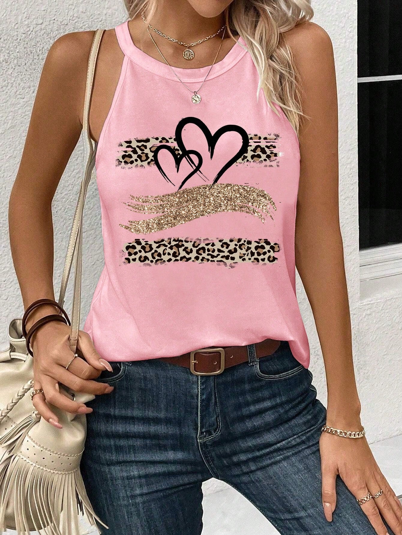 Casual Heart Print Halter Neck Tank Top, Suitable For Summer