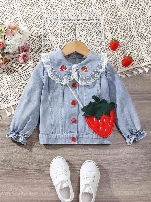 Vintage Cute Strawberry Bag & Lovely Contrast Lace Trimmed Strawberry Embroidered Red Button Washed Light Blue Jacket Shirt Two Piece Set For Toddler Girls