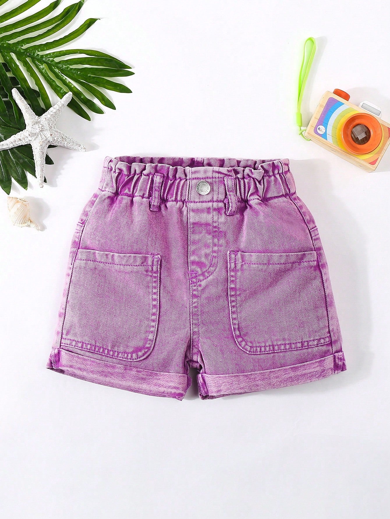 Young Girl's Basic Casual Green Elastic Waist Loose Fit Comfortable Cuffed Denim Shorts