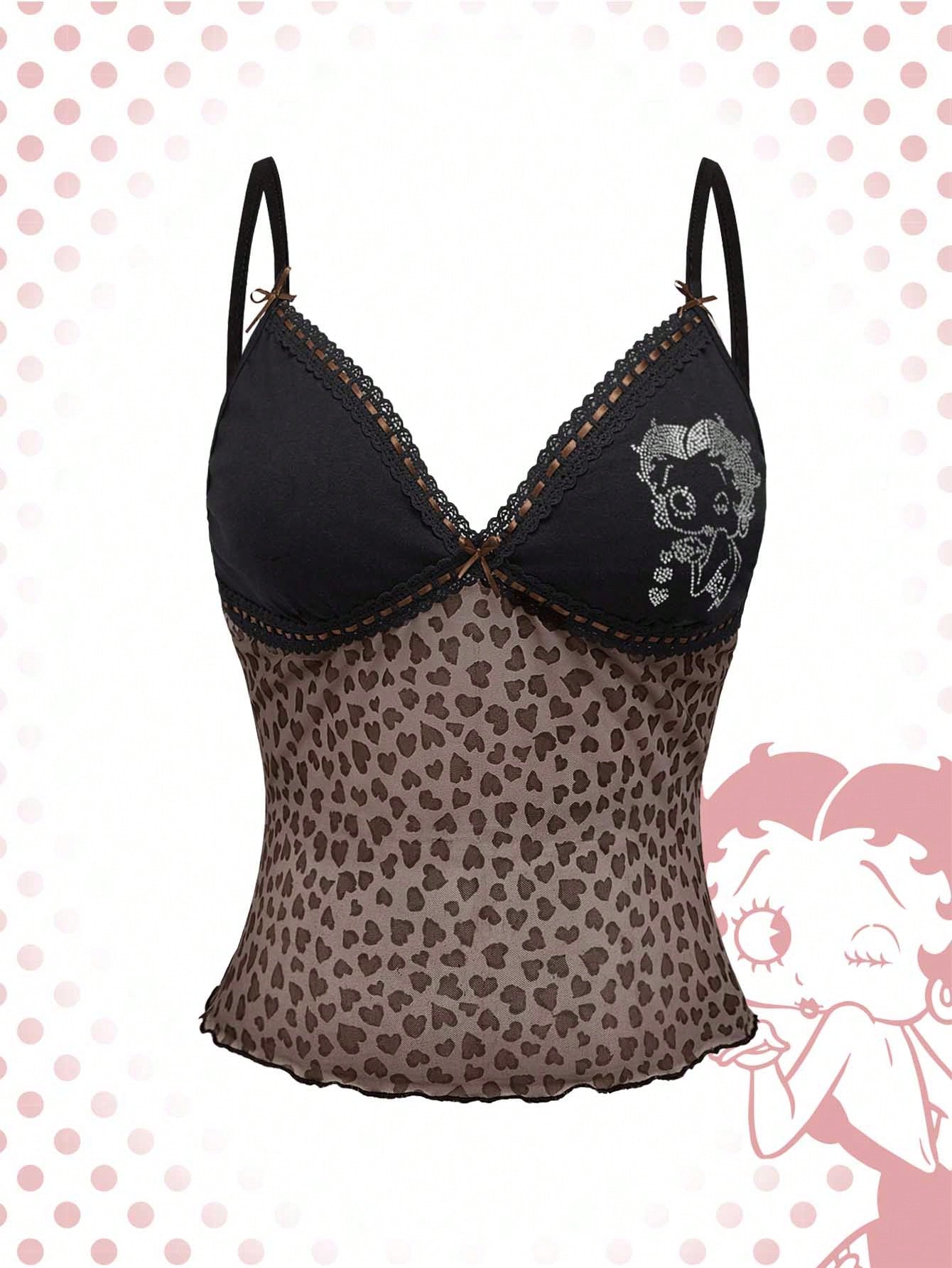 Women's Cartoon Character Rhinestone Pattern Heart Leopard Print Color Block Cami Top For Summer