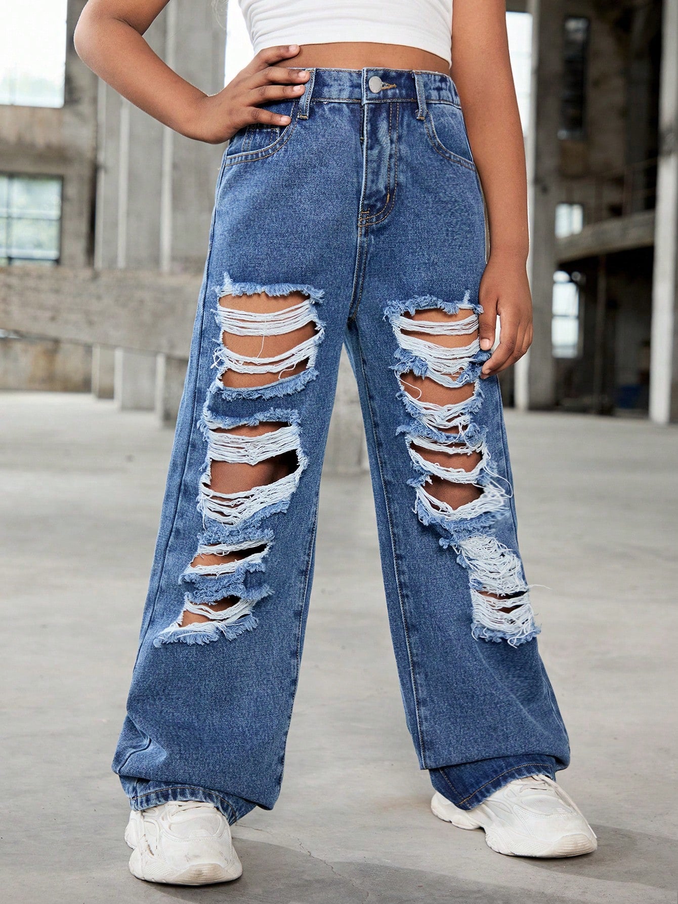 Tween Girls Y2K Spring Summer Boho Stonewashed Causal Ripped Baggy Wide Leg Denim Jeans With Slant Pocket,Girls Summer Clothes Outfits