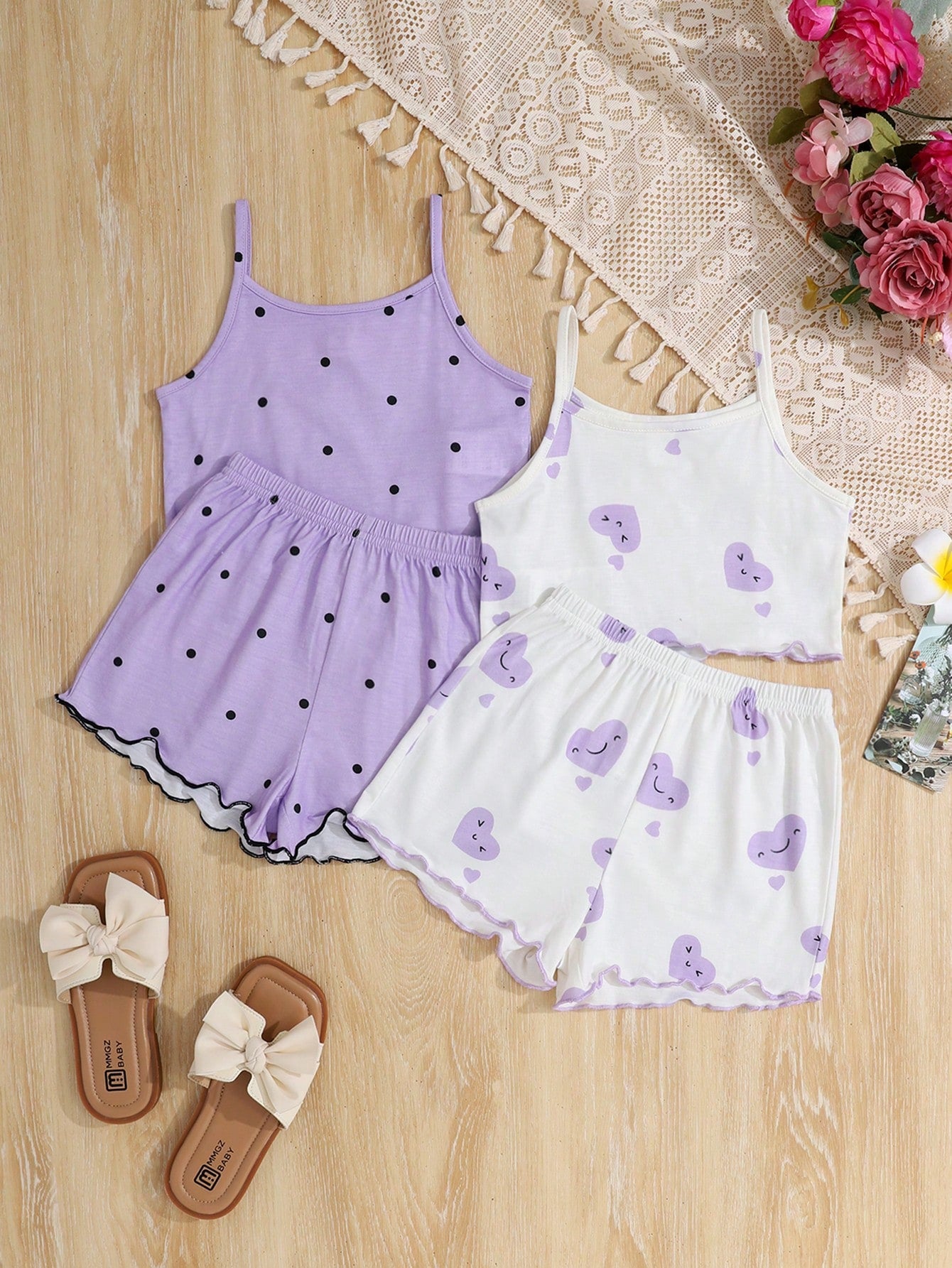 4pcs Young Girl Cute Rabbit Pattern Knitted Set - Tank Top, Shorts, And Pajamas For Summer