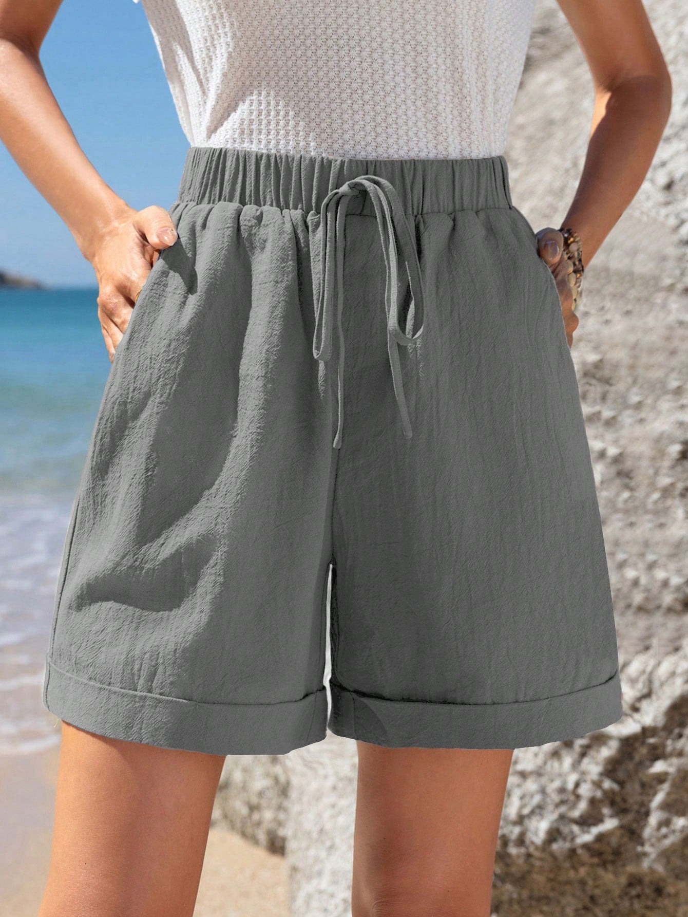 Elastic Waist Tie Rolled Hem Slant Pocket Casual Shorts Summer Green Shorts Cotton Women Shorts