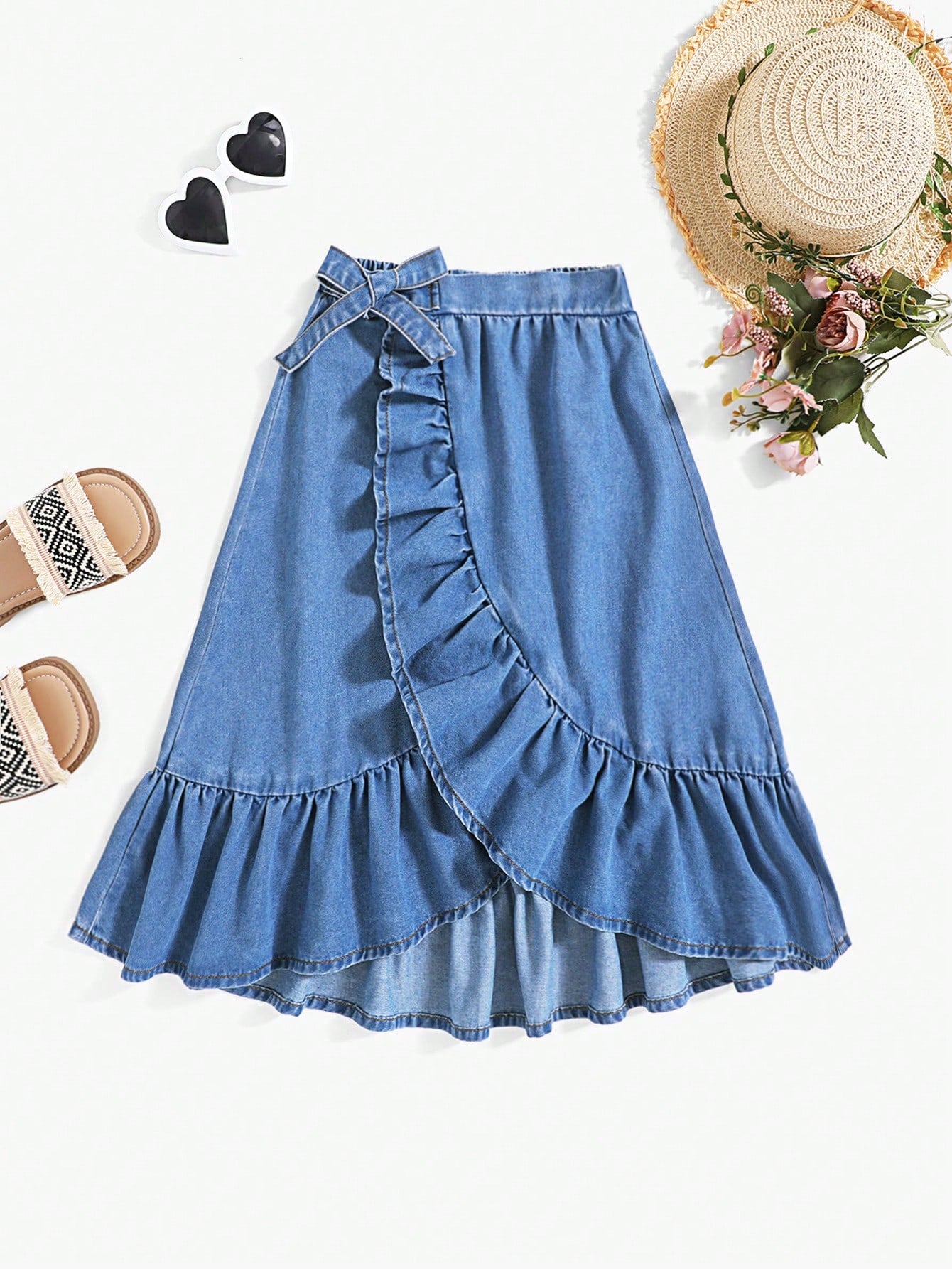 Tween Girl Summer Beach Boho Washed Casual Ruched Ruffle Hem High Waist Wrap Front Denim A-Line Skirt,Kids Summer Clothes Outfits