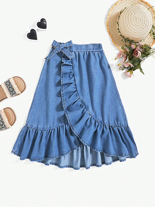 Tween Girl Summer Beach Boho Washed Casual Ruched Ruffle Hem High Waist Wrap Front Denim A-Line Skirt,Kids Summer Clothes Outfits