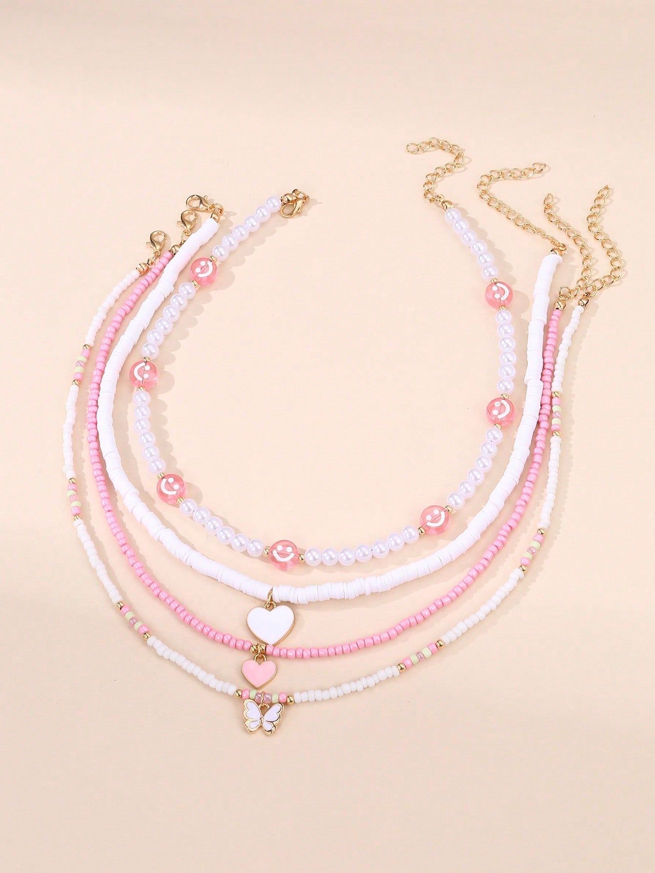 4pcs/Set Pink Heart & Butterfly Pendant Faux Pearl & Rice Bead Soft Clay Children's Necklace