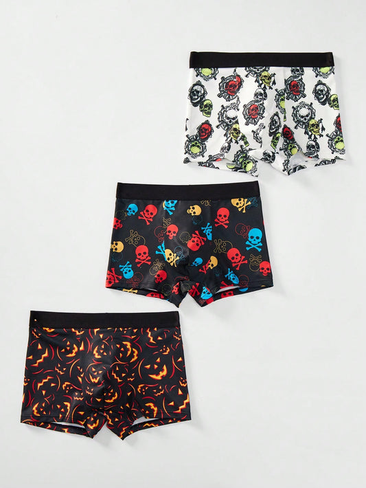 3pcs Halloween Print Comfortable And Breathable Boxer Briefs For Tween Boys