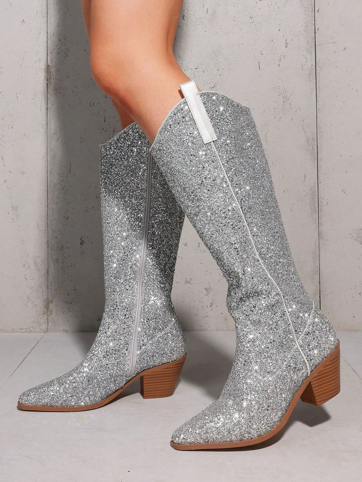 Women Western Cowboy Boots Glitter Pointed Toe Chunky High Heel Gorgeous Dressy Sparkly Sequin Cowgirl Knee High Boots