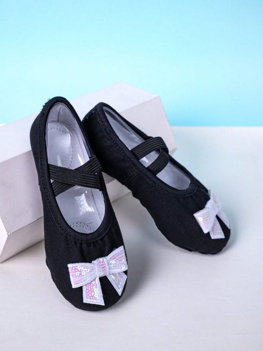 Children's Black Practice Shoes With Bowtie, Made Of Elastic Fabric, Soft And Durable, Slip-On Ballet Dance Shoes