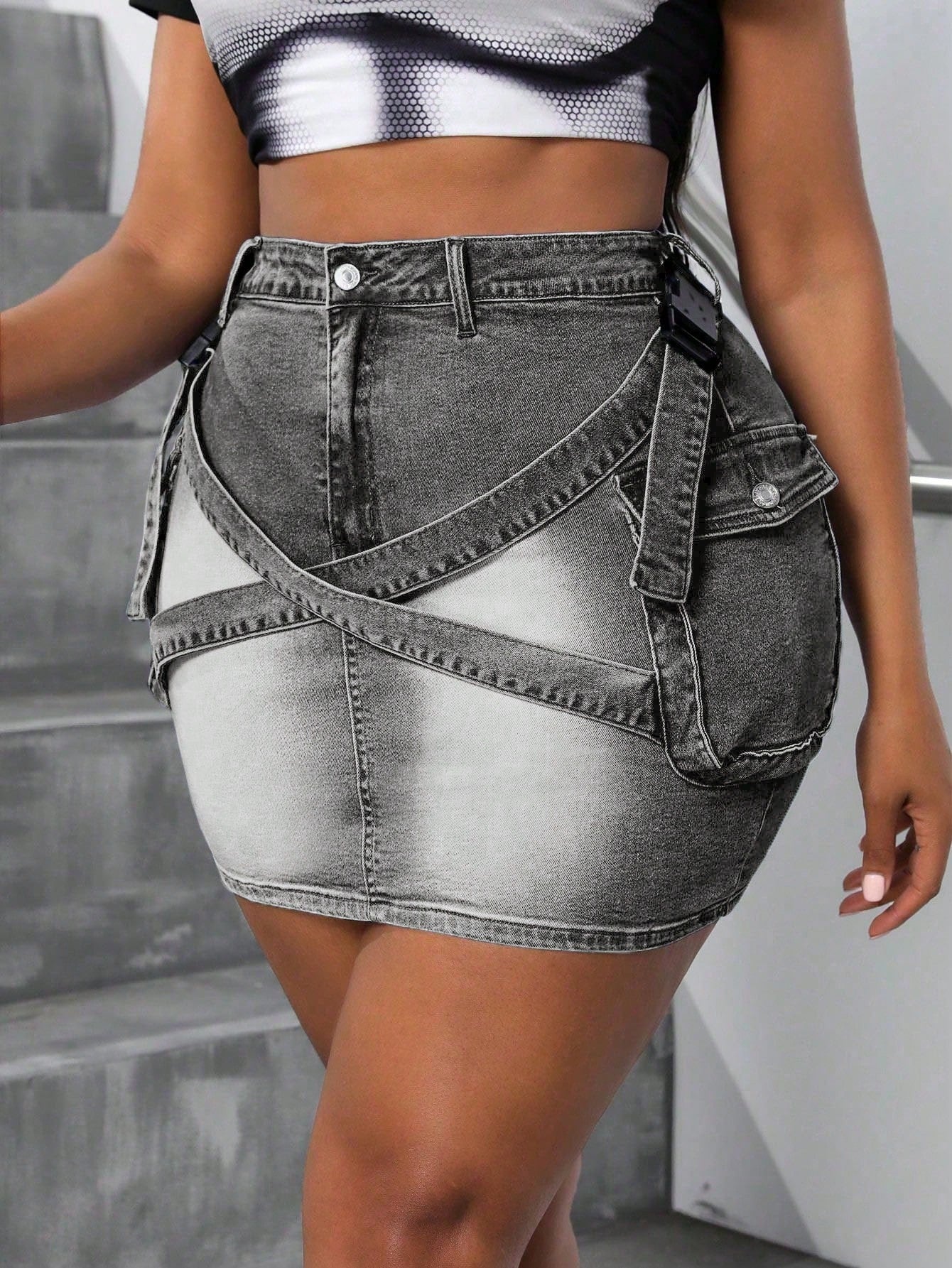 Plus Size Denim Stretchy Mini Skirt With Pocket Design, Summer