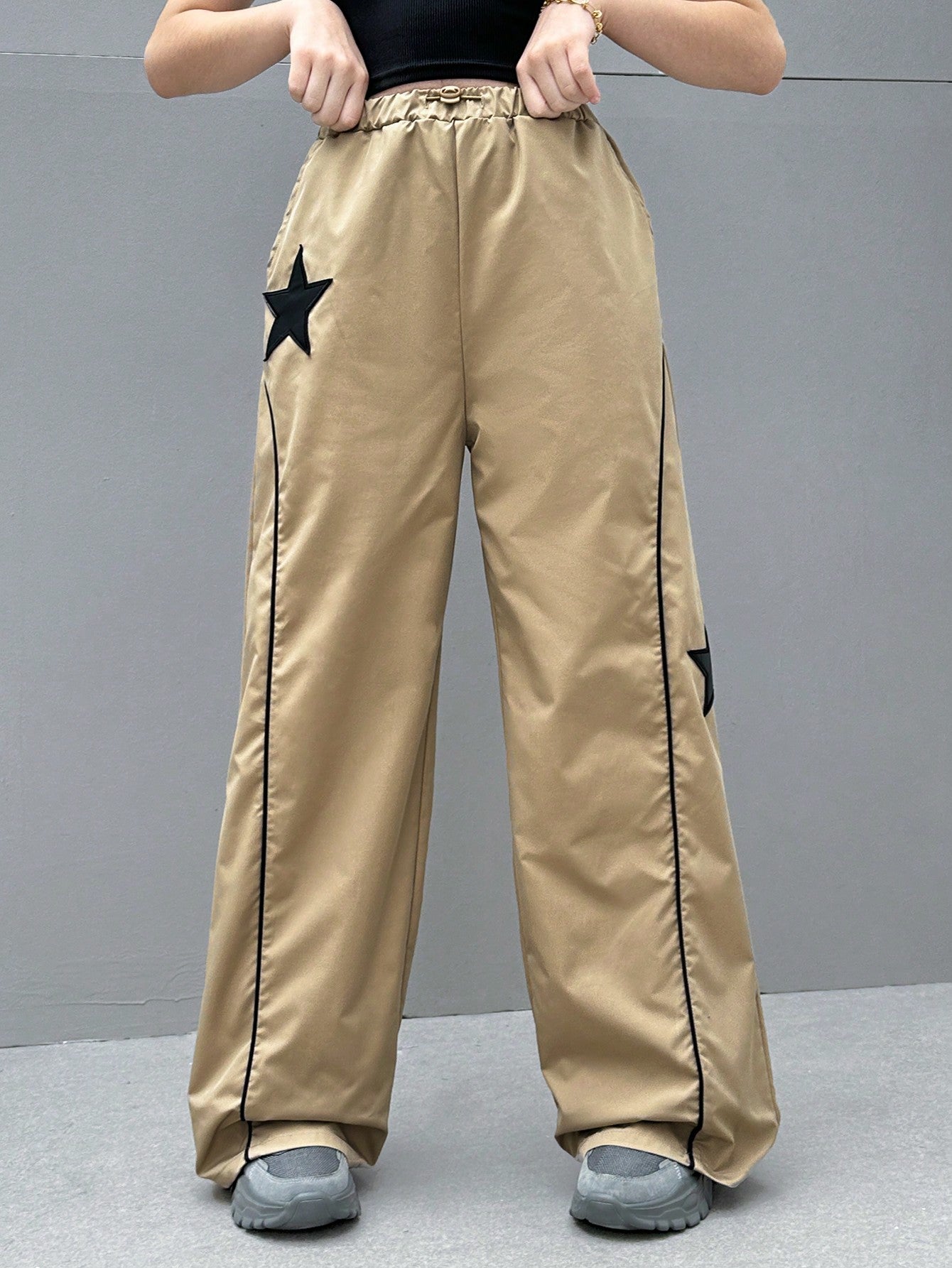 Teen Girl's Woven Wide Leg Pants With Drawstring Waist & Star Patch And Braid Trimmed Side Pockets