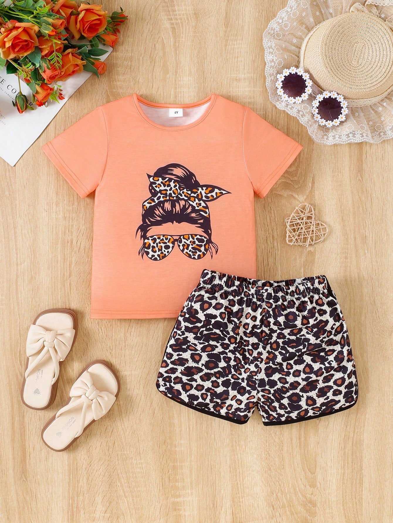 Young Girl Character Printed Short Sleeve T-Shirt And Elastic Waistband Colorblock Leopard Shorts Set