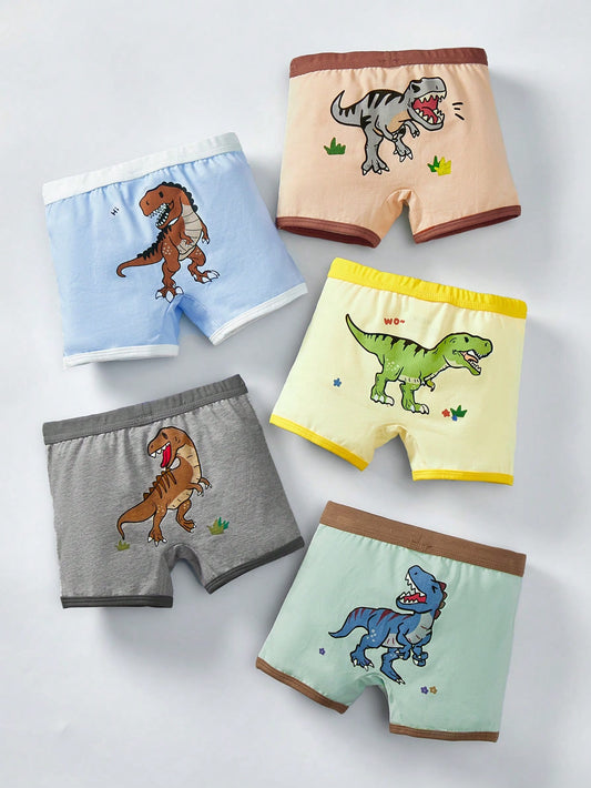 5pcs Young Boy Color Block Dinosaur Print Comfortable And Breathable Boxer Briefs With Elastic Waistband