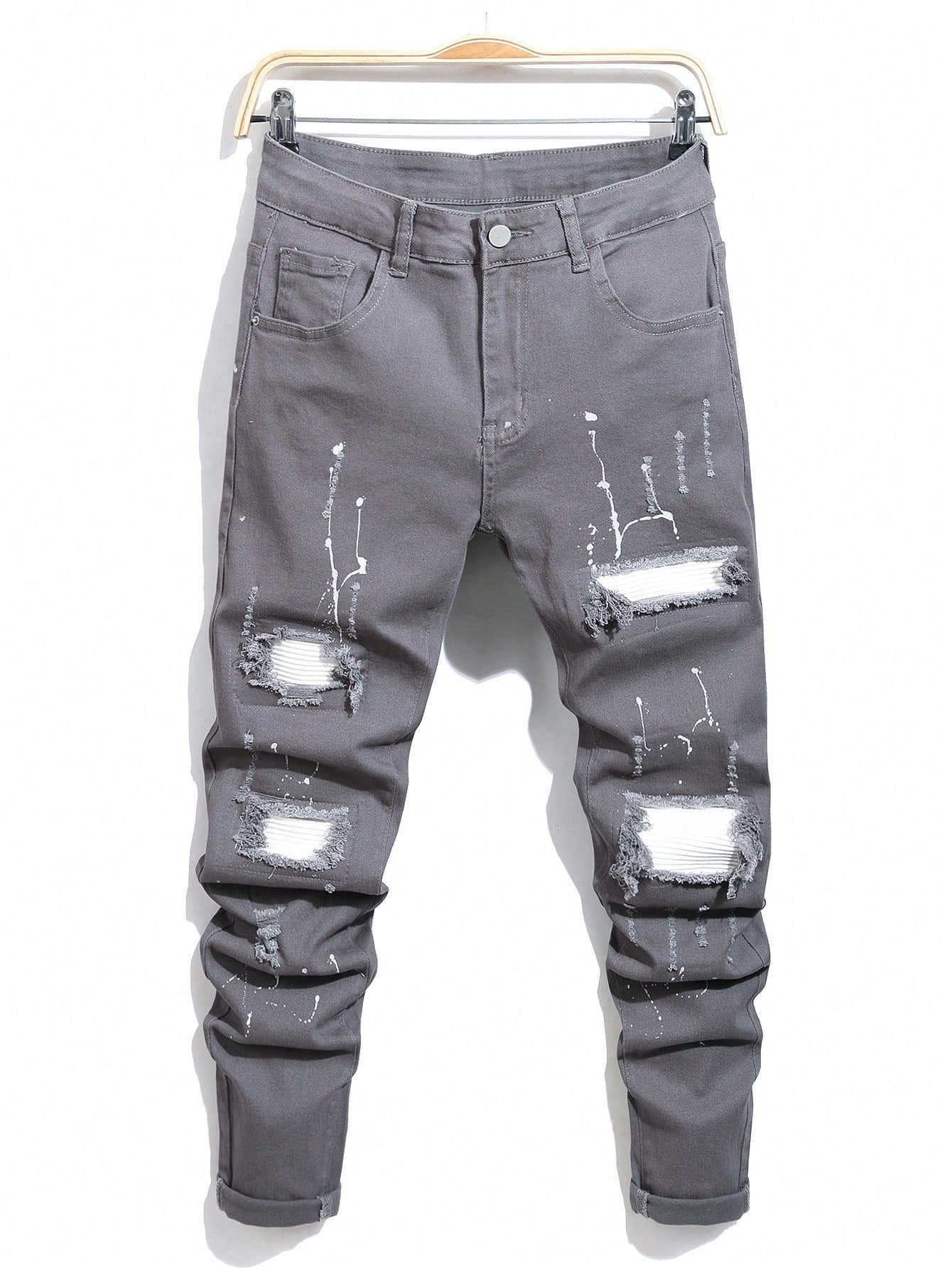 Men Cotton Splash Ink Print Ripped Frayed Rag Stitching Jeans