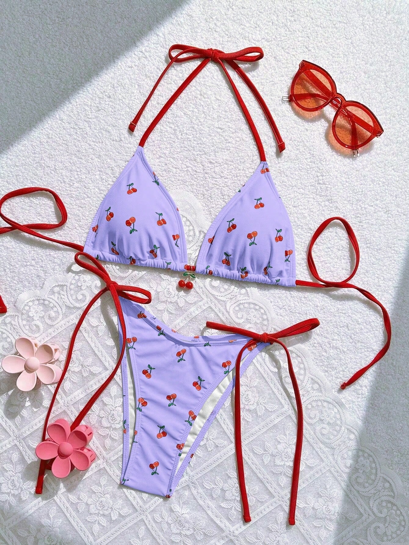 Swim Mod Women Summer Beach Cherry Print Halter Neck Bikini Set For Vacation