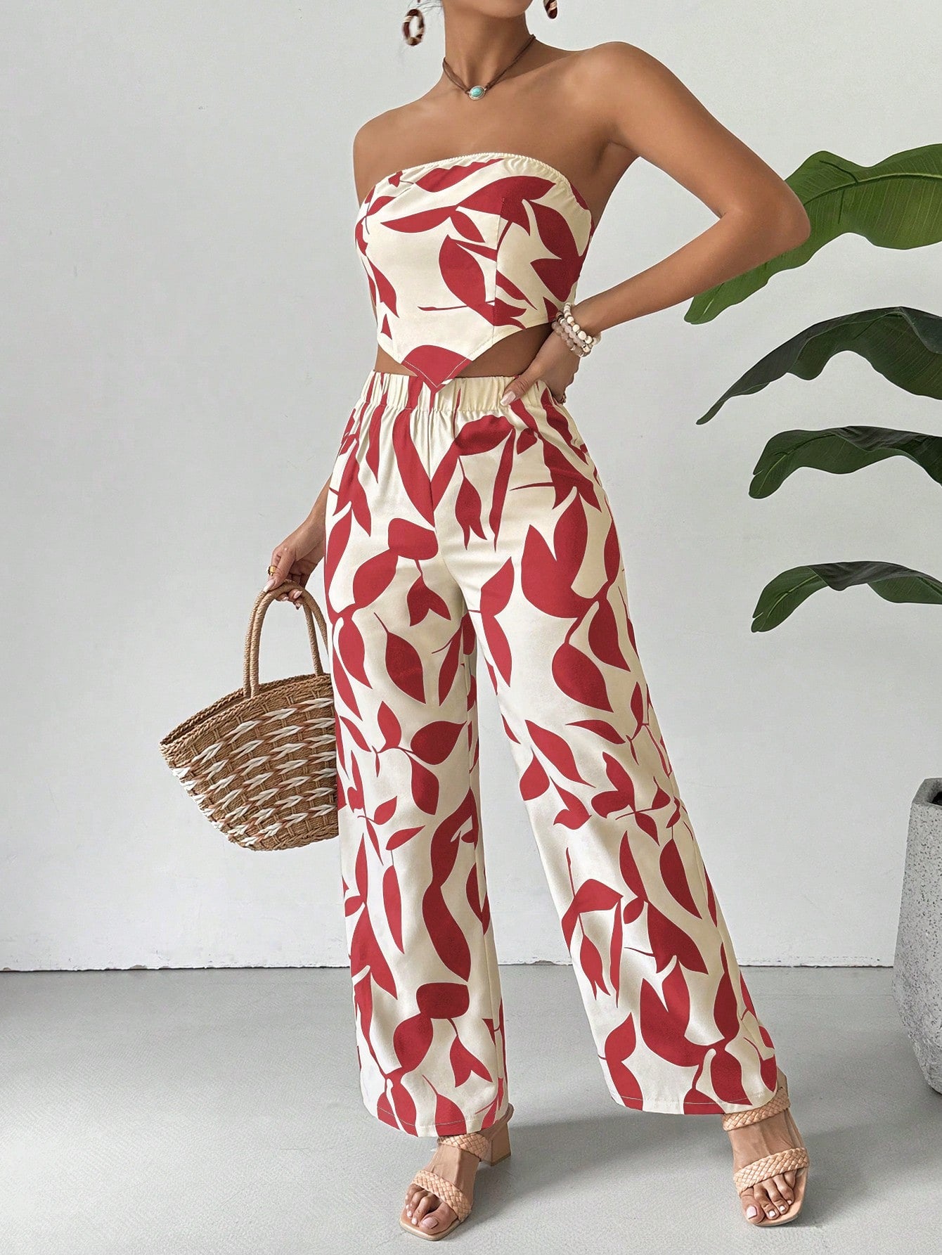 Plant Print Casual 2-Piece Outfit