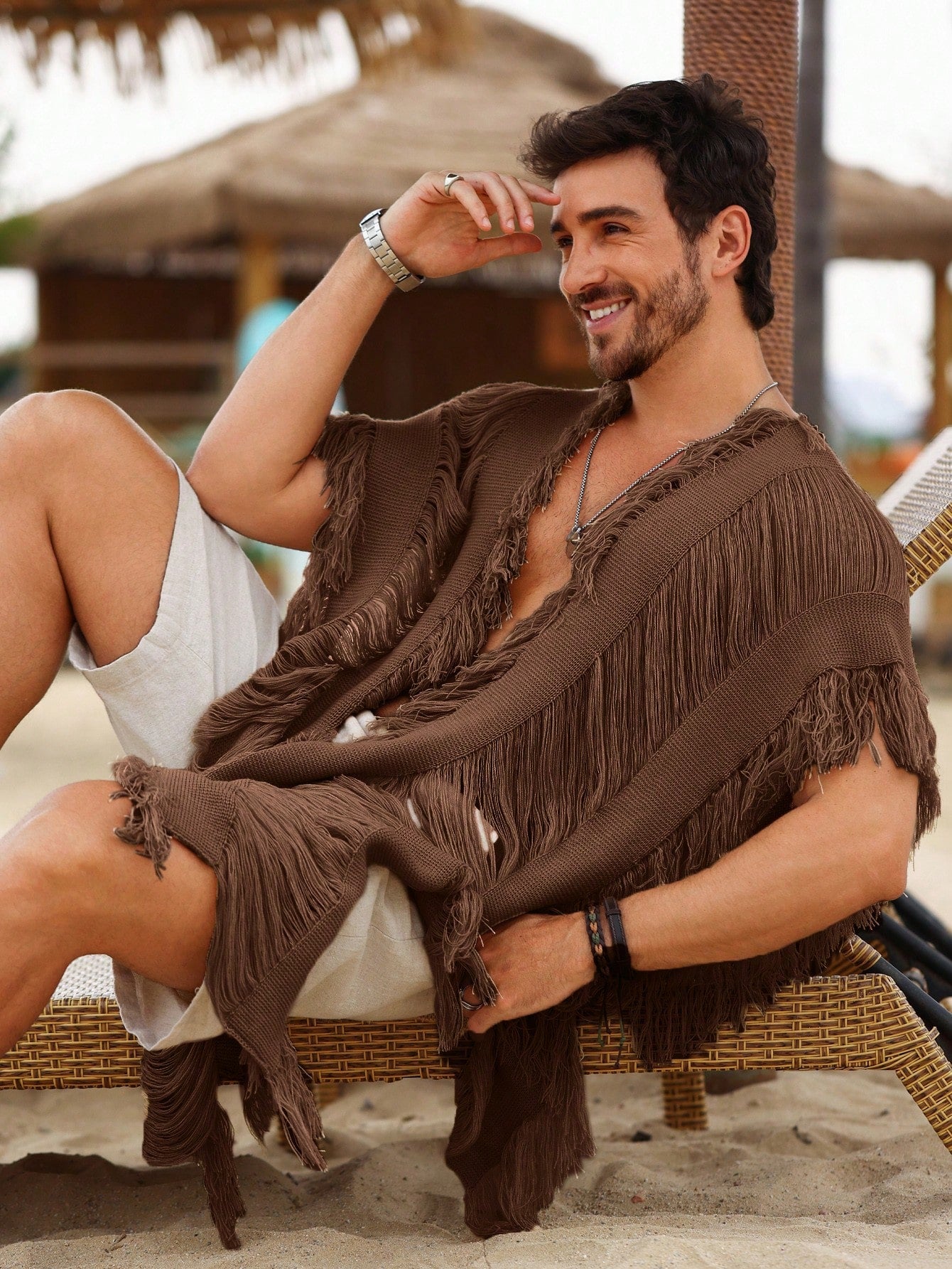 Men's Solid Color Fringe Cardigan Suitable For Vacation And Travel Accessories