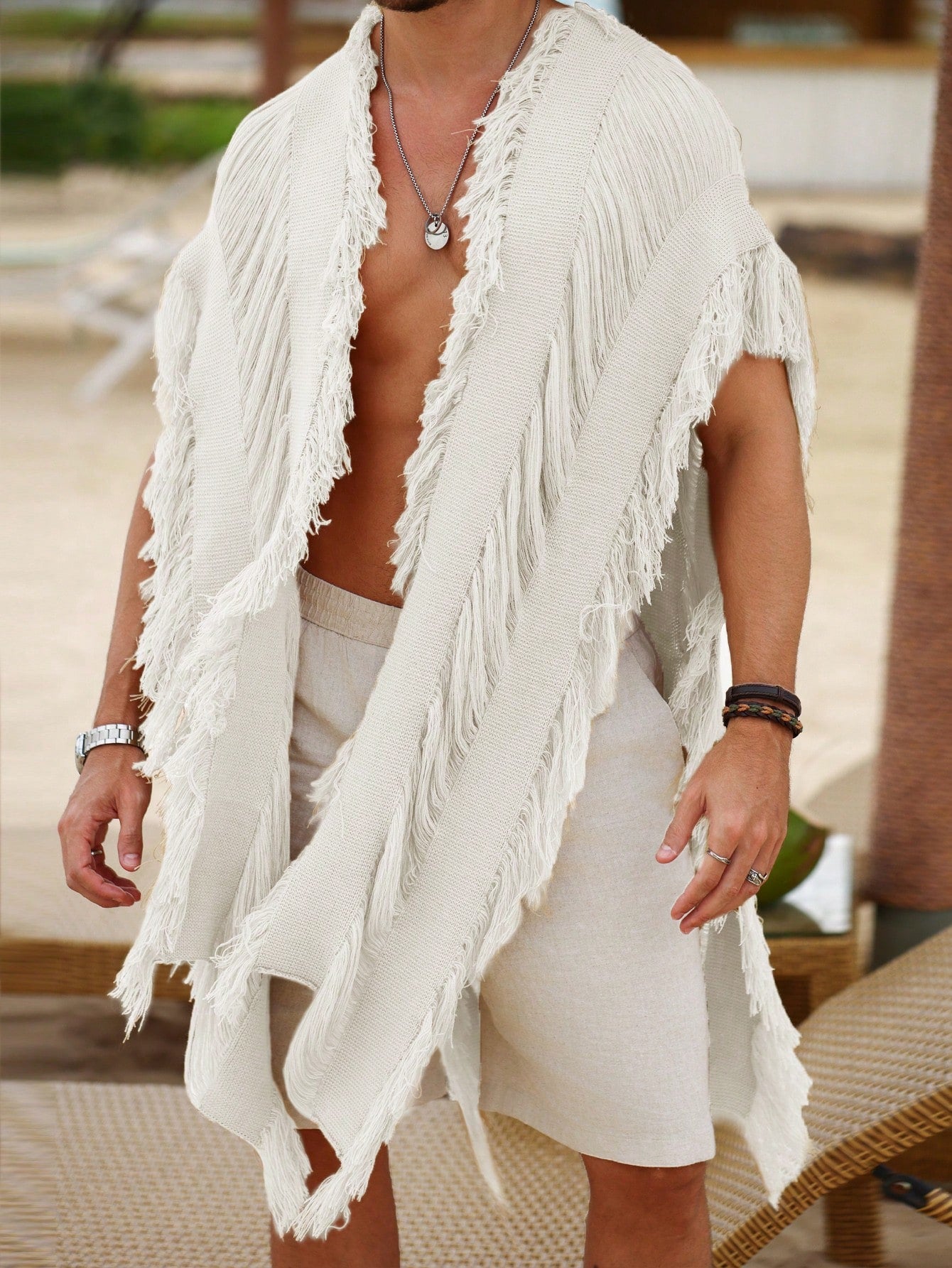 Men's Solid Color Fringe Cardigan Suitable For Vacation And Travel Accessories