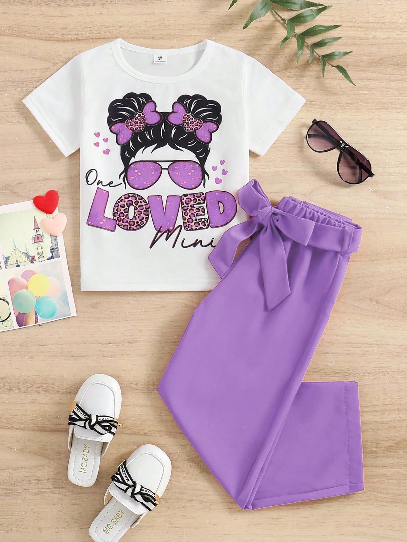 Summer Fashion Cartoon & Letter Printed Round Neck Short Sleeve T-Shirt And Elegant Casual Pants Set For Young Girls