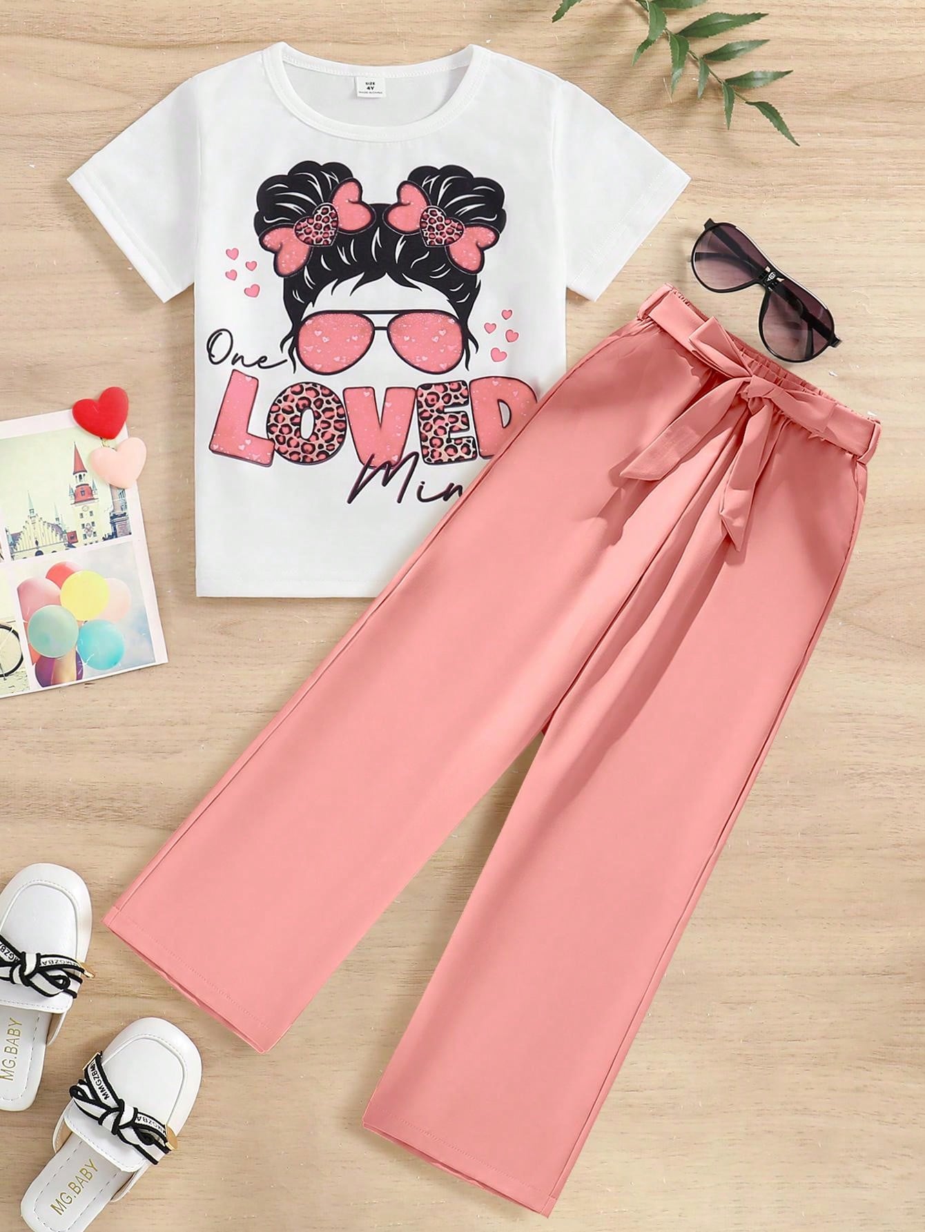 Summer Fashion Cartoon & Letter Printed Round Neck Short Sleeve T-Shirt And Elegant Casual Pants Set For Young Girls