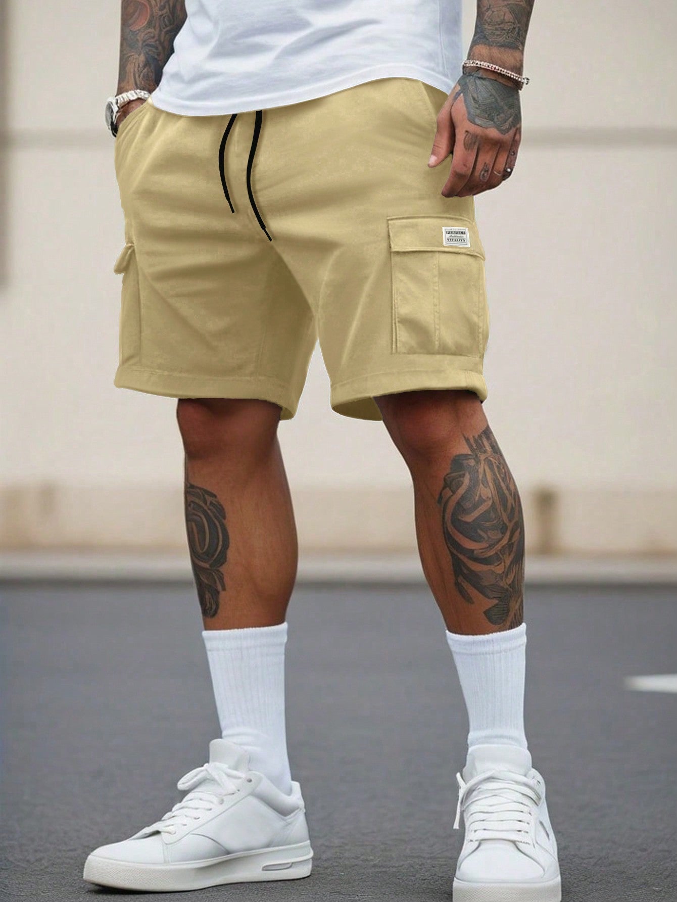 Men Solid Color Work Shorts With Pockets, Suitable For Summer