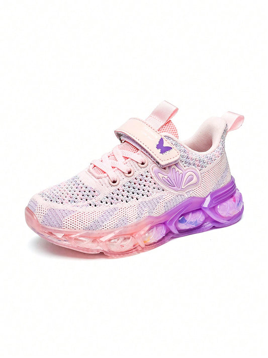 1pair Kids' Running Shoes For Girls, Pink Butterfly Pattern Mesh Sneakers