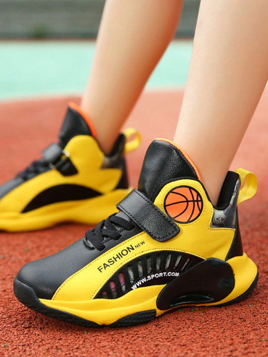 1pair Boys' Campus Style Comfortable Hook And Loop Anti-Slip Basketball Shoes Suitable For Daily Activities And Travel