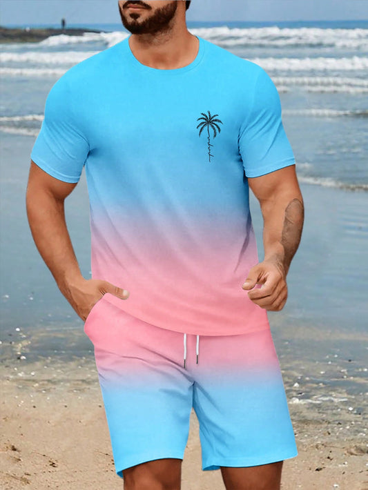 Men's Plus Size Palm Tree Ombre Print Round Neck Short Sleeve Casual T-Shirt And Drawstring Waist Shorts Set, Summer