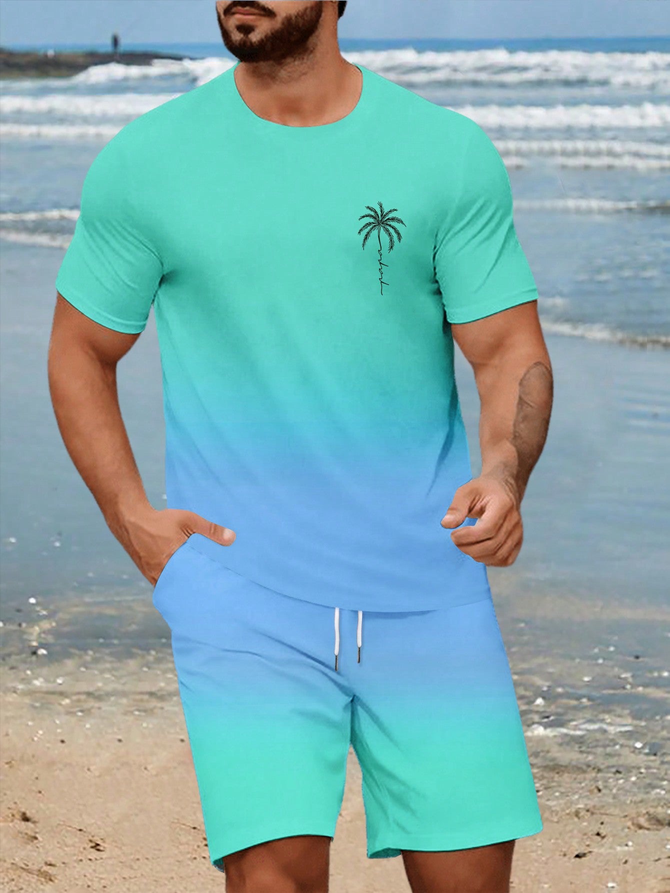 Men's Plus Size Palm Tree Ombre Print Round Neck Short Sleeve Casual T-Shirt And Drawstring Waist Shorts Set, Summer