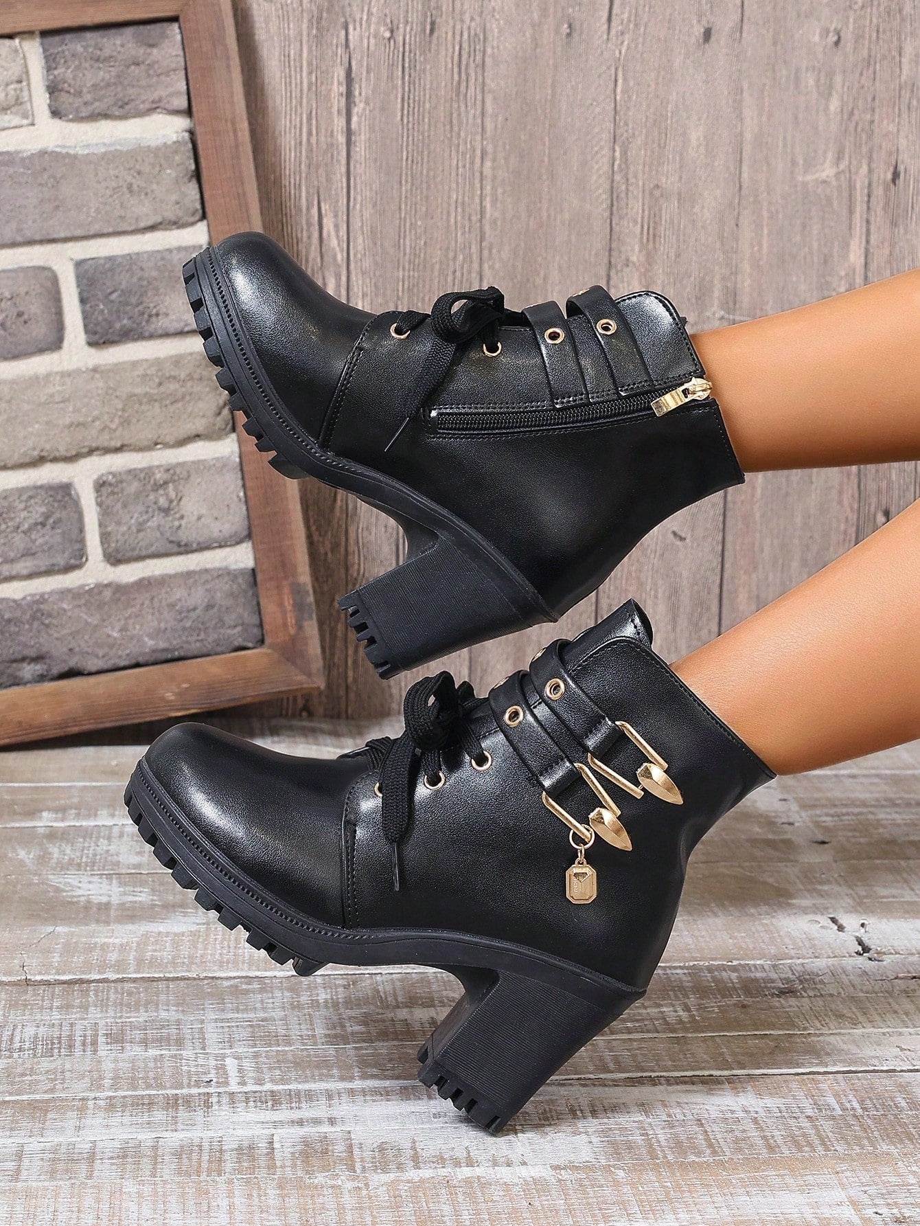 New High Heel Boots With Platform, Lace-Up, Waterproof, Thick-Heeled Ankle Boots For Women, Versatile, Mid-Length, Slimming, Suitable For Spring, Autumn And Winter