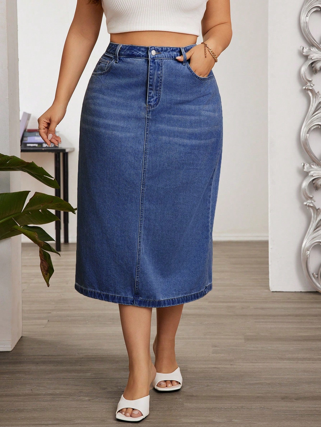 Plus Size Denim Slit Mid-Length Skirt