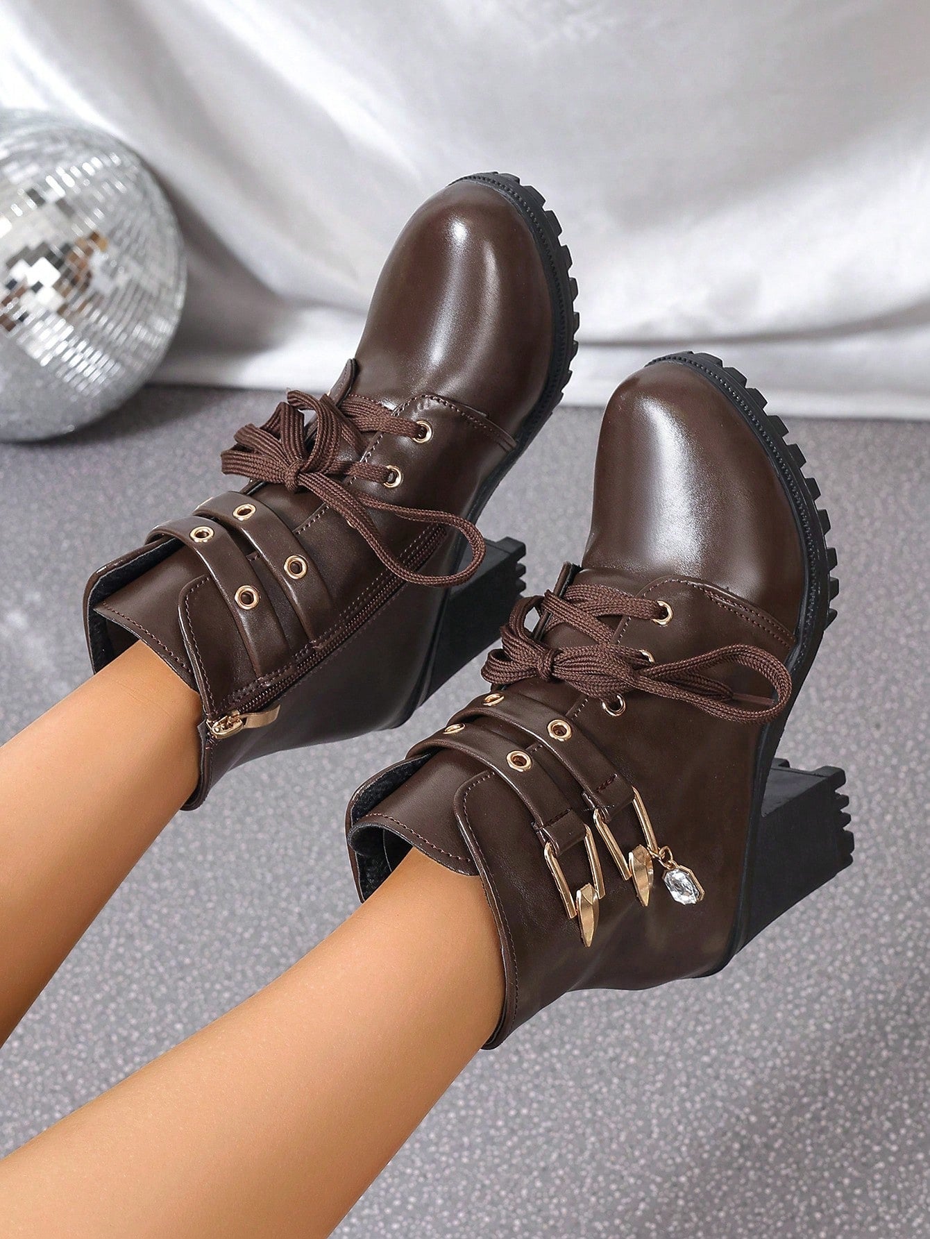 New High Heel Boots With Platform, Lace-Up, Waterproof, Thick-Heeled Ankle Boots For Women, Versatile, Mid-Length, Slimming, Suitable For Spring, Autumn And Winter